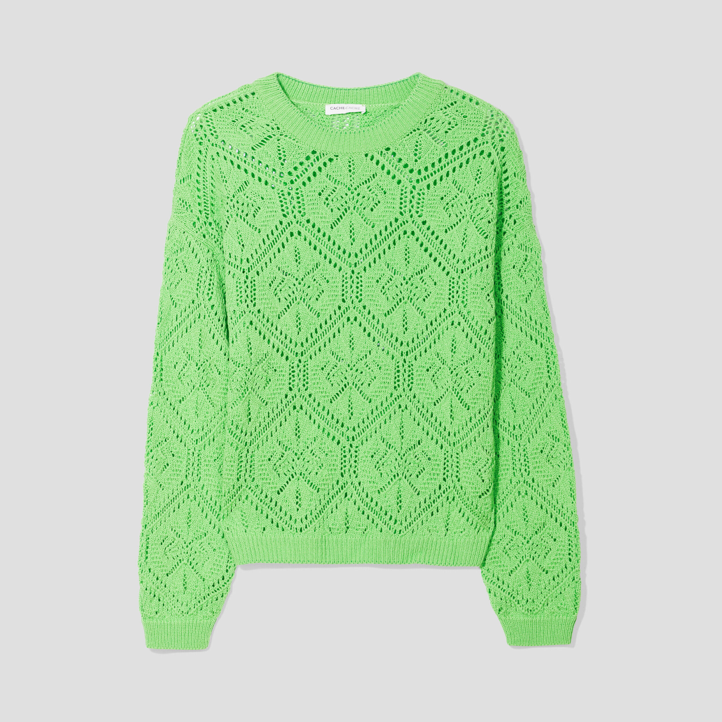 Pull ajouré col rond vert femme | Cache Cache
