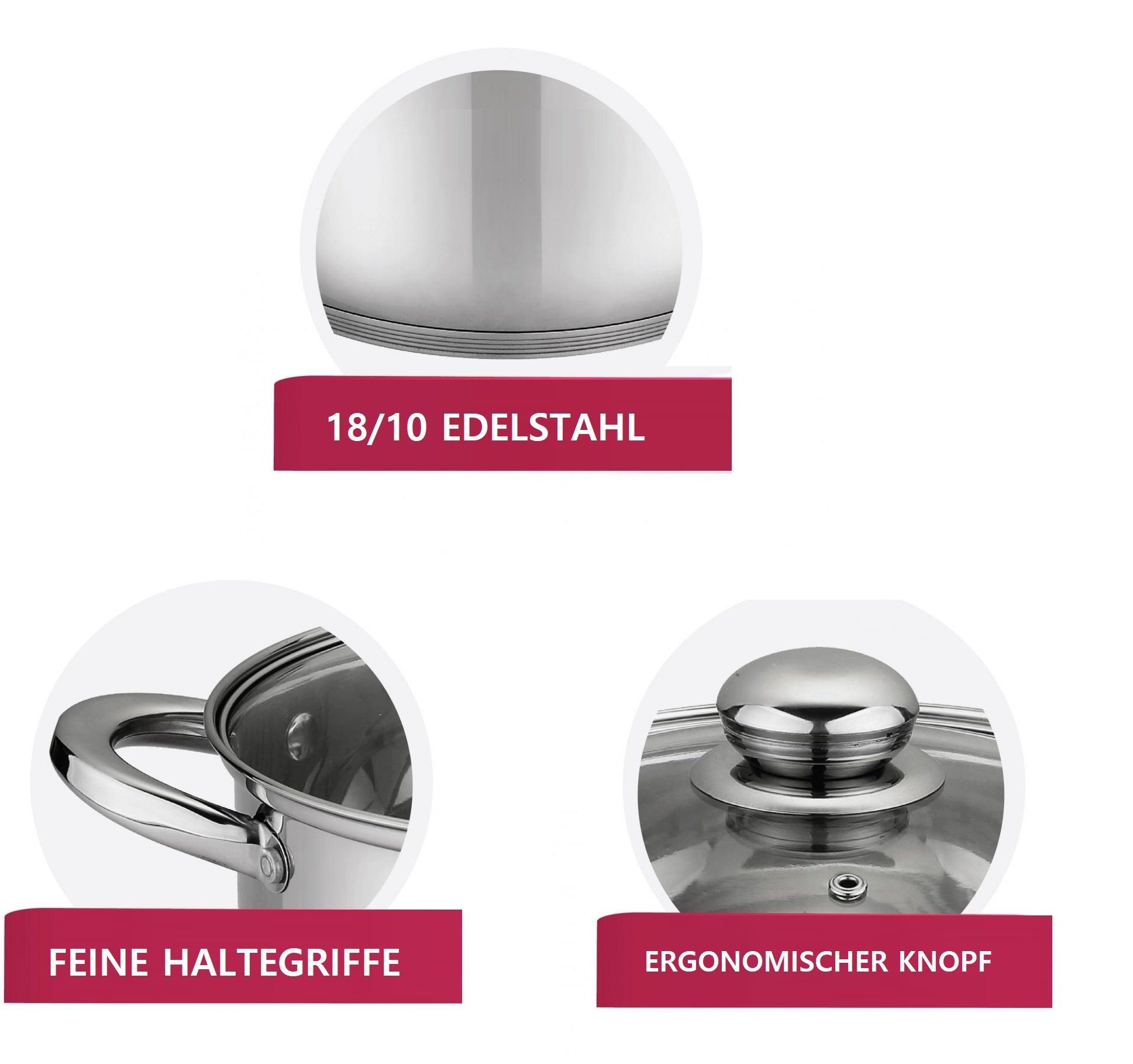 KESSMANN Topf-Set Edelstahl Induktion Topfset - 3 Töpfe mit 3 Deckel Inkl. Zubehör, Edelstahl 18/10 (Set, 11-tlg., 1 Pfannenwender + 3 Kork-Untersetzer + 1 Holzlöffel Antihaft rostfrei), Induktionsherd Kochtopf Schmor Topf Brattopf Bräter Pfanne Supp