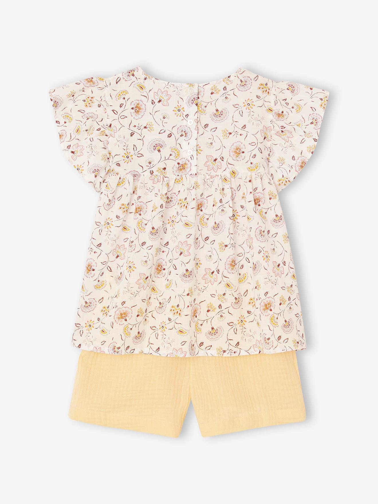 Vertbaudet Mädchen-Set: geblümte Bluse & Musselin-Shorts - pastellgelb