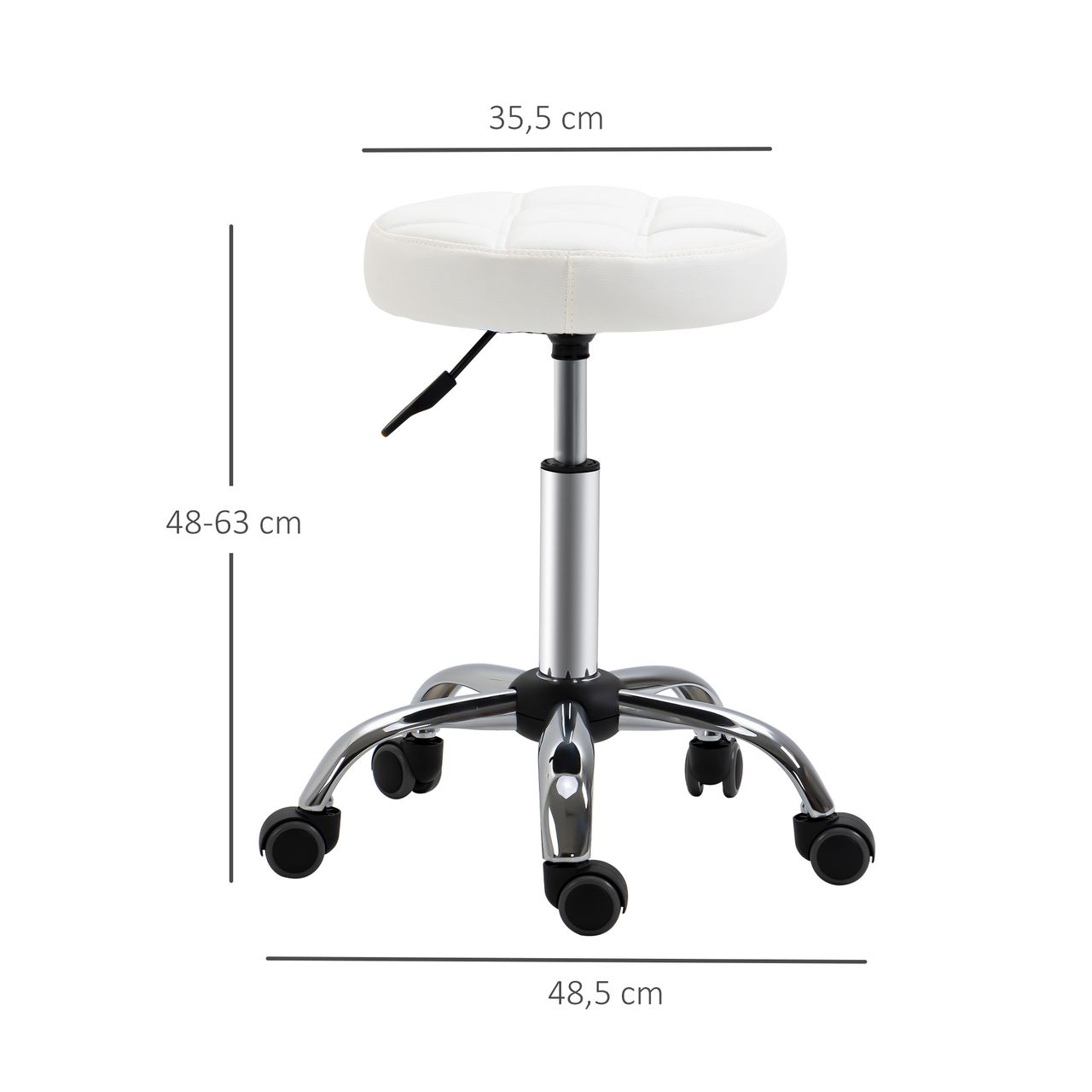 HOMCOM 2er-Set Rollhocker Drehhocker mit Rädern Arbeitshocker höhenverstellbar drehbar Salon Hocker Salonstühle Kunstleder Weiß Ø35,5 x 48-63H cm