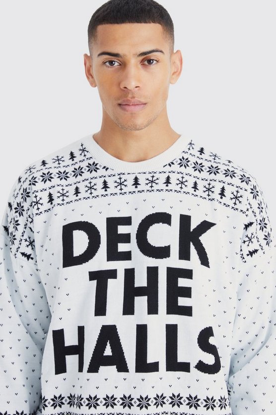 Oversize Weihnachtspullover mit Deck The Halls Print