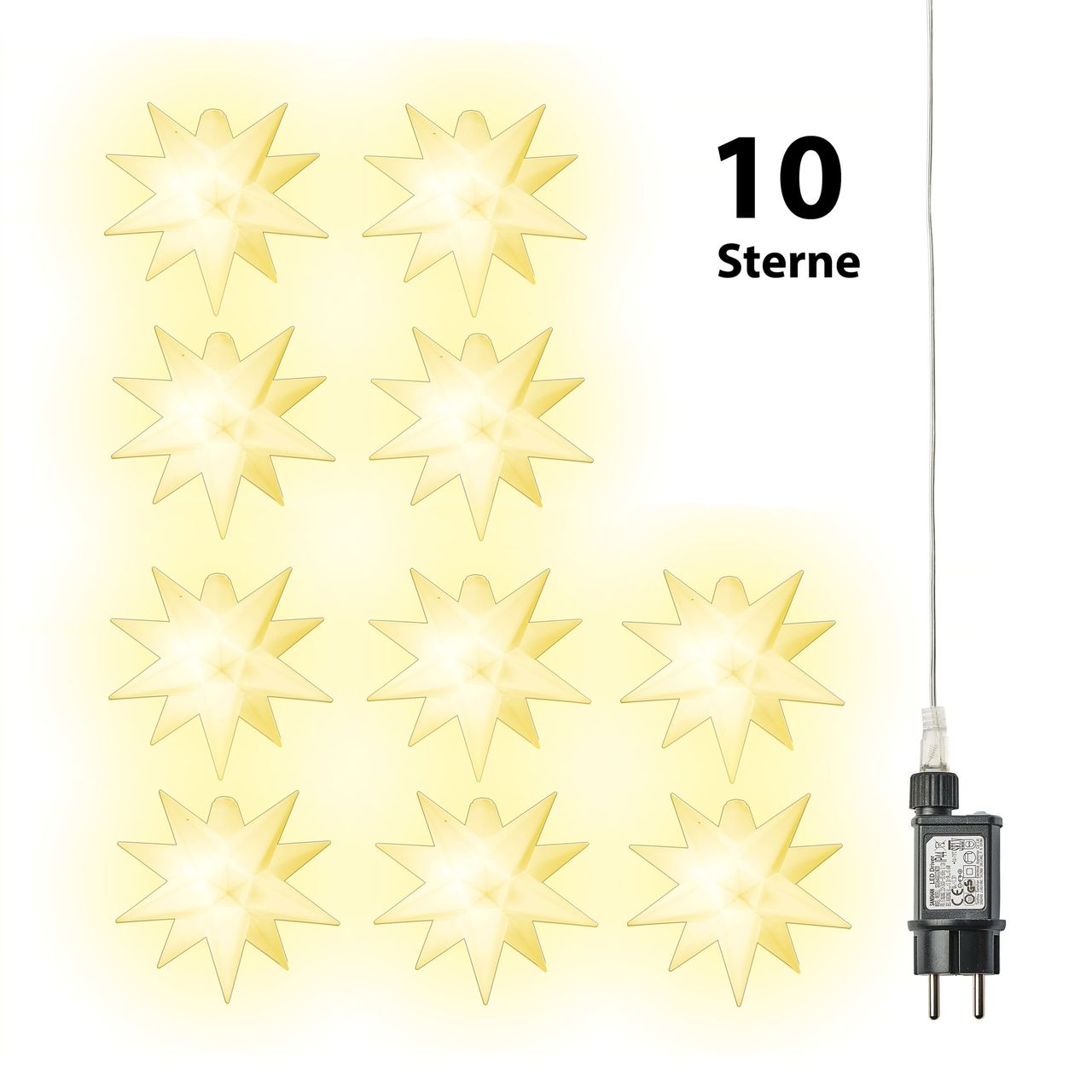 Weles AMARE LED 10er Sternenlichterkette weiß Durchmesser der Sterne je 12 cm, Länge der Kette 6,75 m (zzgl. 5 m Zuleitung), LED Farbe warmweiß, CE geprüft, für den Innen- und Außenbereich, Timer