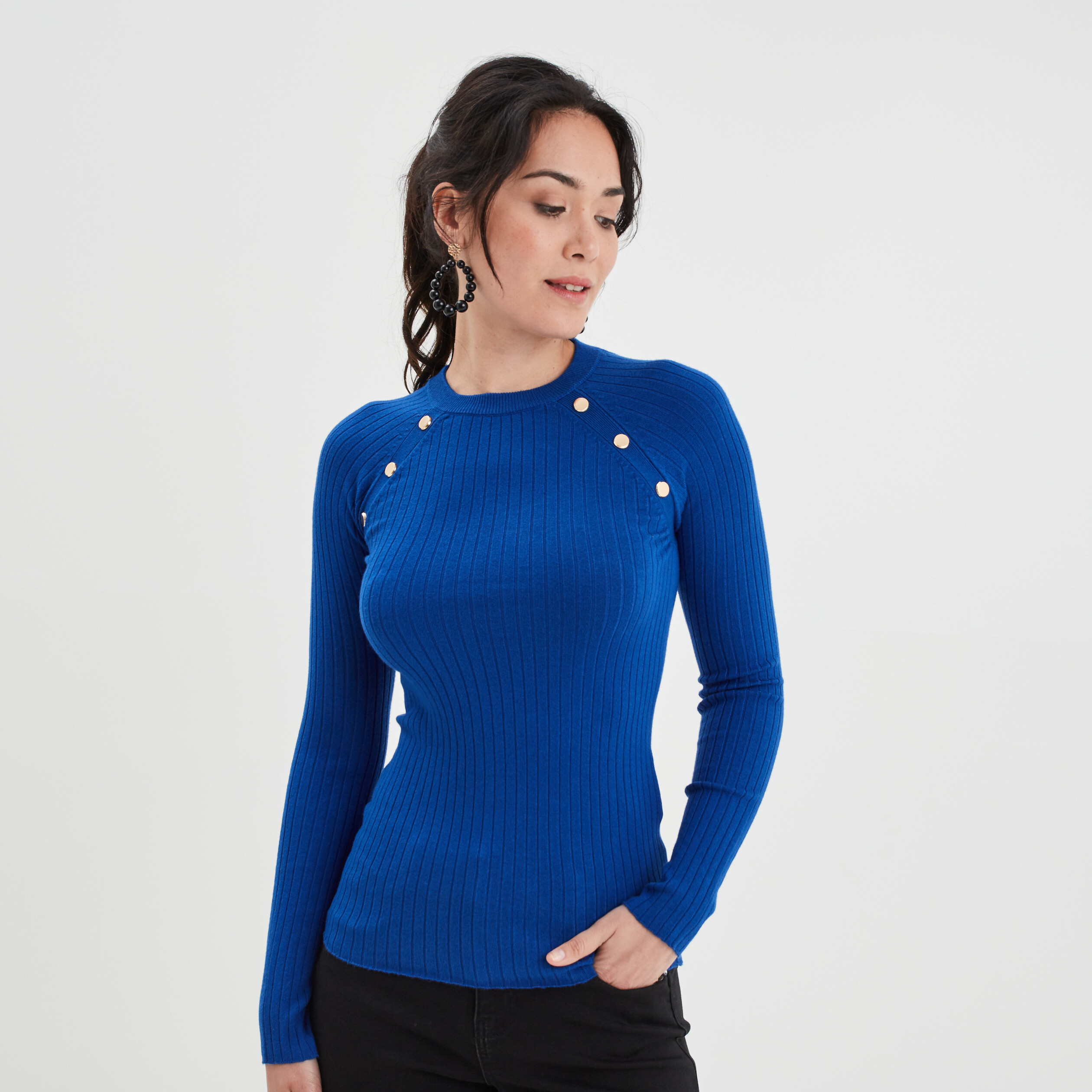 Pull ouverture dos et boutons épaules bleu electrique femme | La Halle