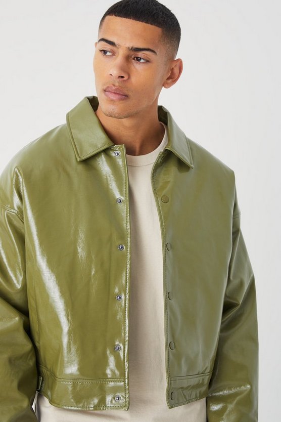 Kastige hochglänzende PU Harrington-Jacke