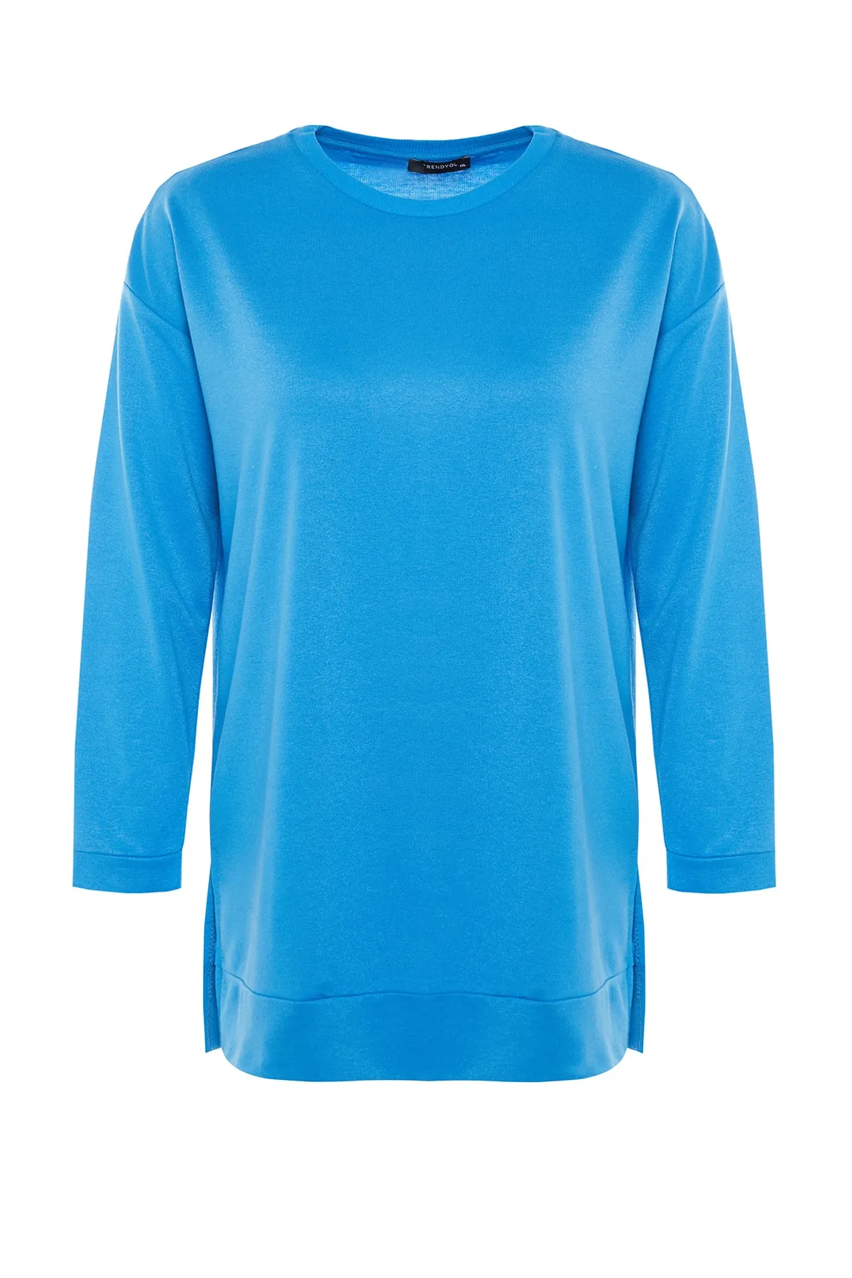 Trendyol Curve  Blaues, detailliertes, dünnes Strick-Sweatshirt mit Schlitz TBBSS22SW0173