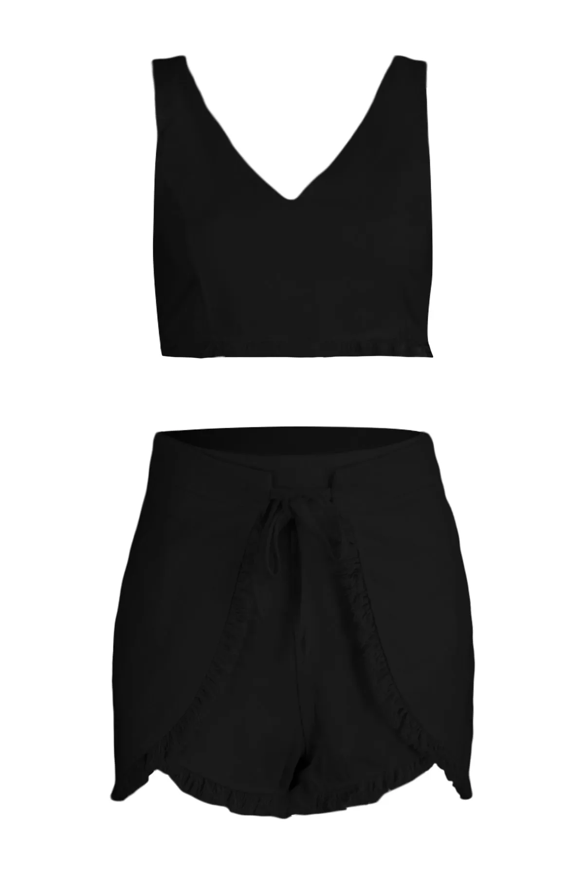 Trendyol Collection  Schwarzes gewebtes Blusen-Shorts-Set mit Quasten TBESS22AU0141