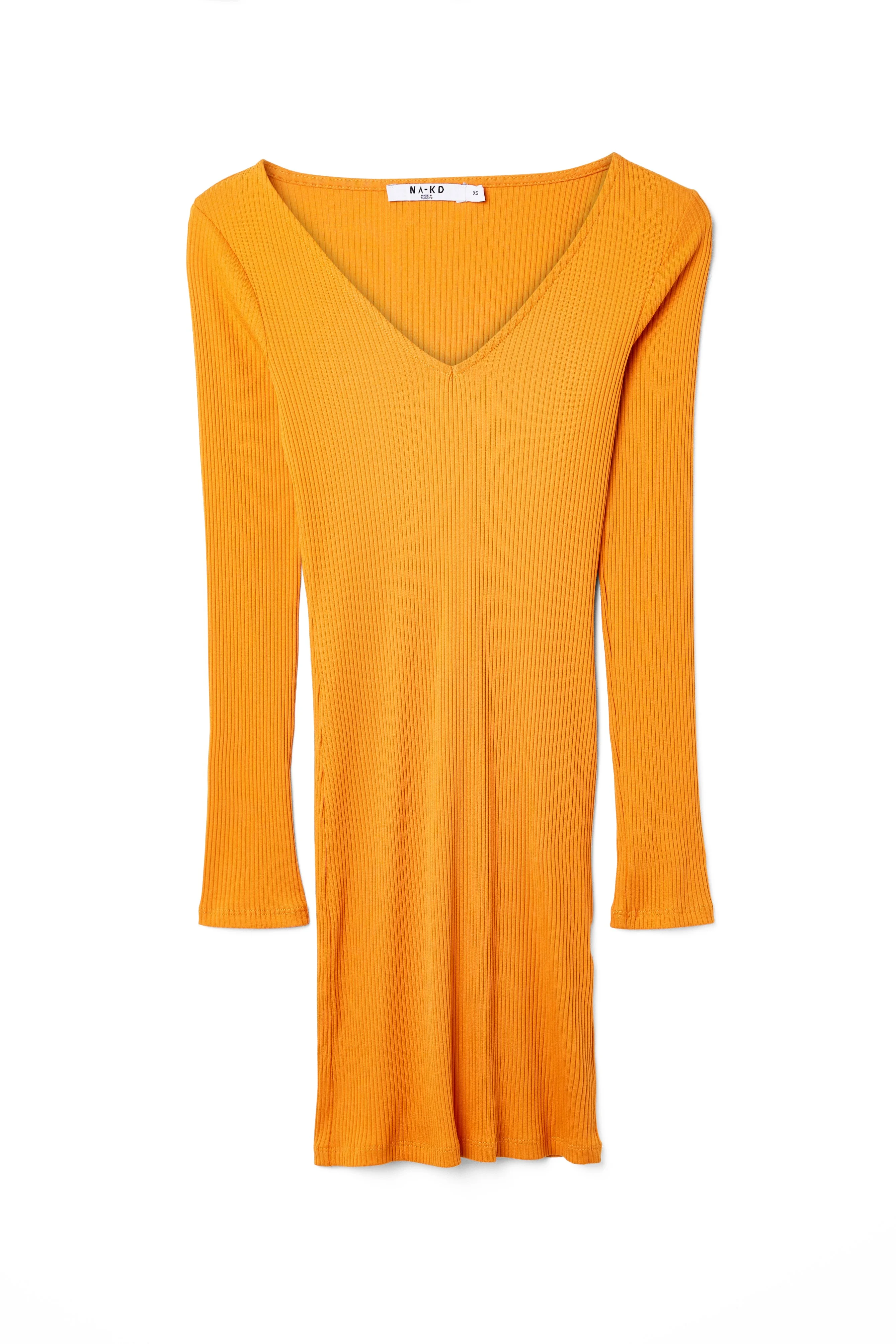 Geripptes Minikleid mit langen Ärmeln und V-Ausschnitt