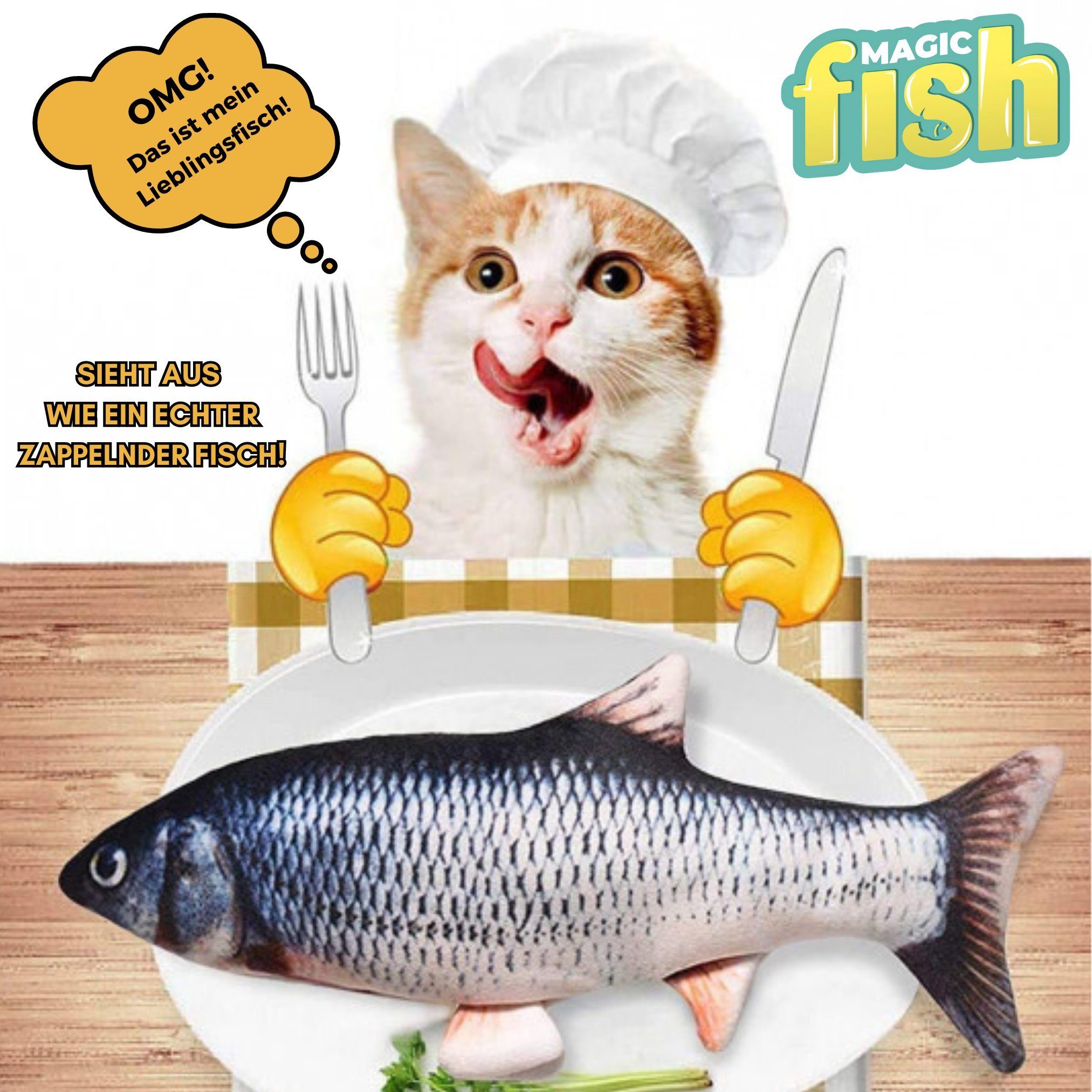 Best Direct® Tier-Beschäftigungsspielzeug Magic Fish®, Baumwolle, Polyester, Katzenspielzeug zappelnder, bewegender Fisch mit Katzenminze