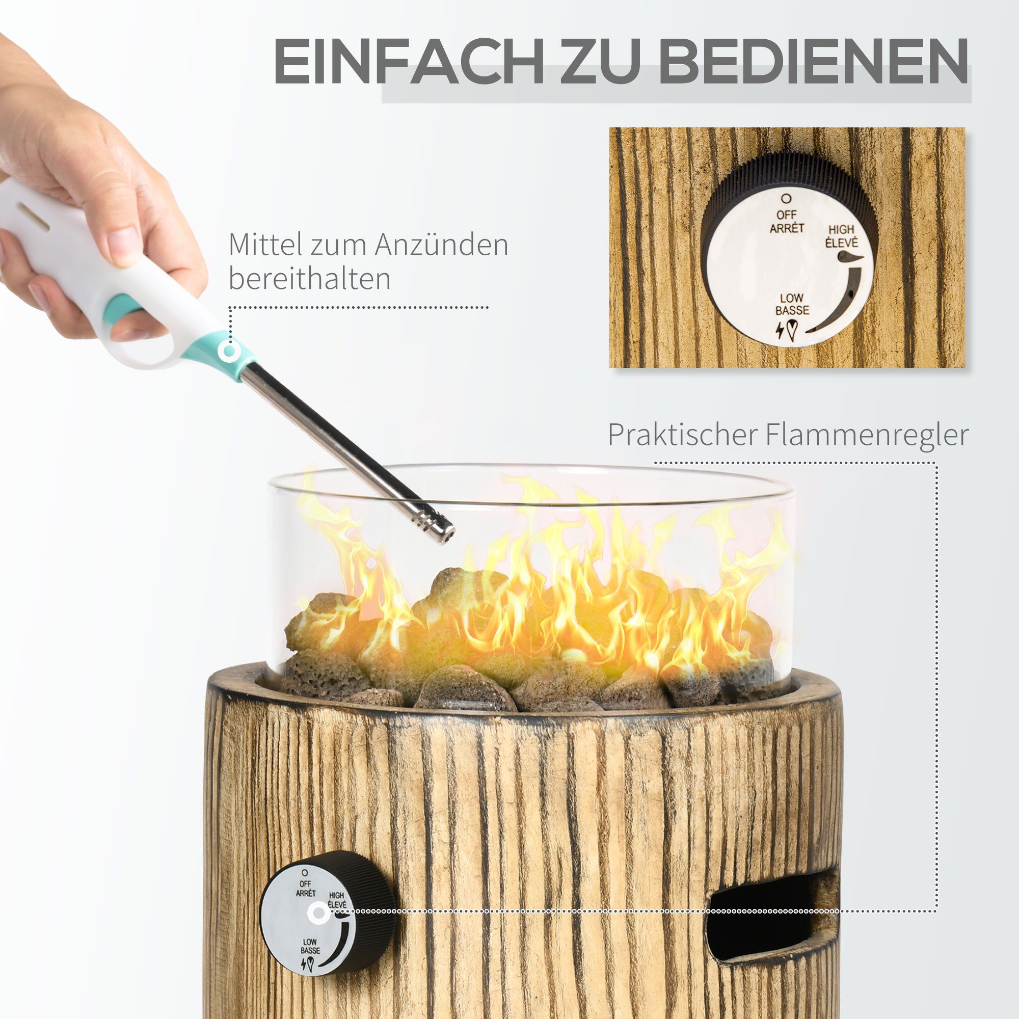 Outsunny Feuerstelle 10.000BTU Tischfeuerschale, Tragbare Feuerstelle, (Lavasteinen für Outdoor, 1-St., Heizstrahler im Holzoptik mit runder Gasfeuerschale), ØxH: 21.5 x 34.5 cm