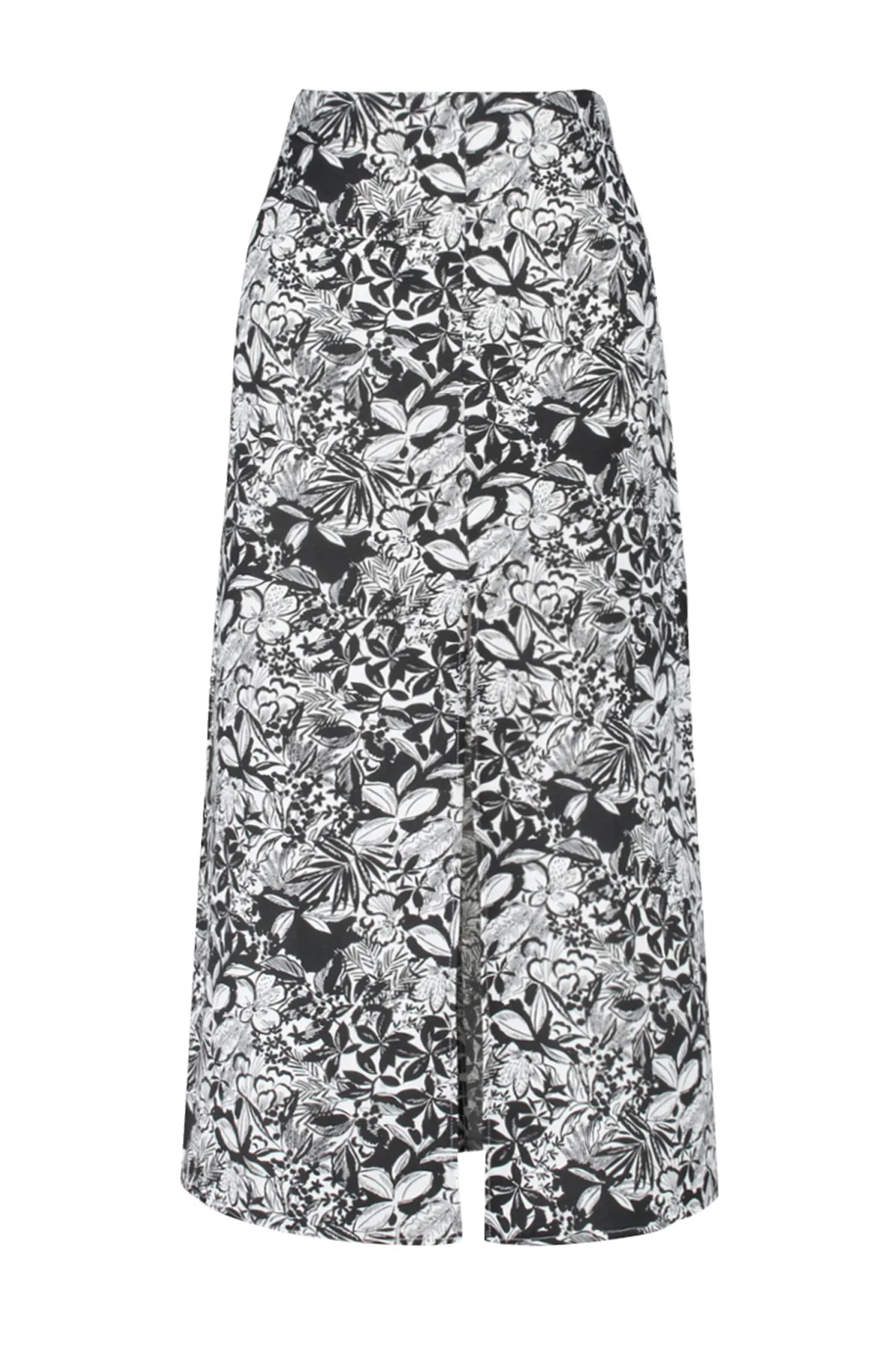 Trendyol Collection  Schwarzer, gemusterter Rock mit Schlitz vorne und detailliertem, gewebtem Leinen-Look in Midi-Länge TWOSS24ET00104
