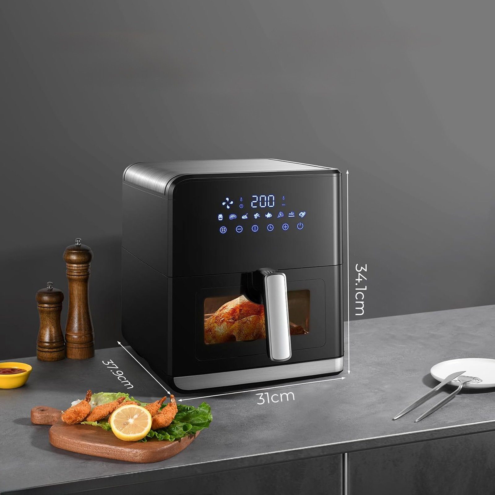Sinaopus Heißluftfritteuse 7,5L XXL Air fryer, Ohne Öl Heizluft Fritteuse LED Touchscreen, 1700,00 W, Einstellbare Temperaturregelung, Sichtbares Sichtfenster