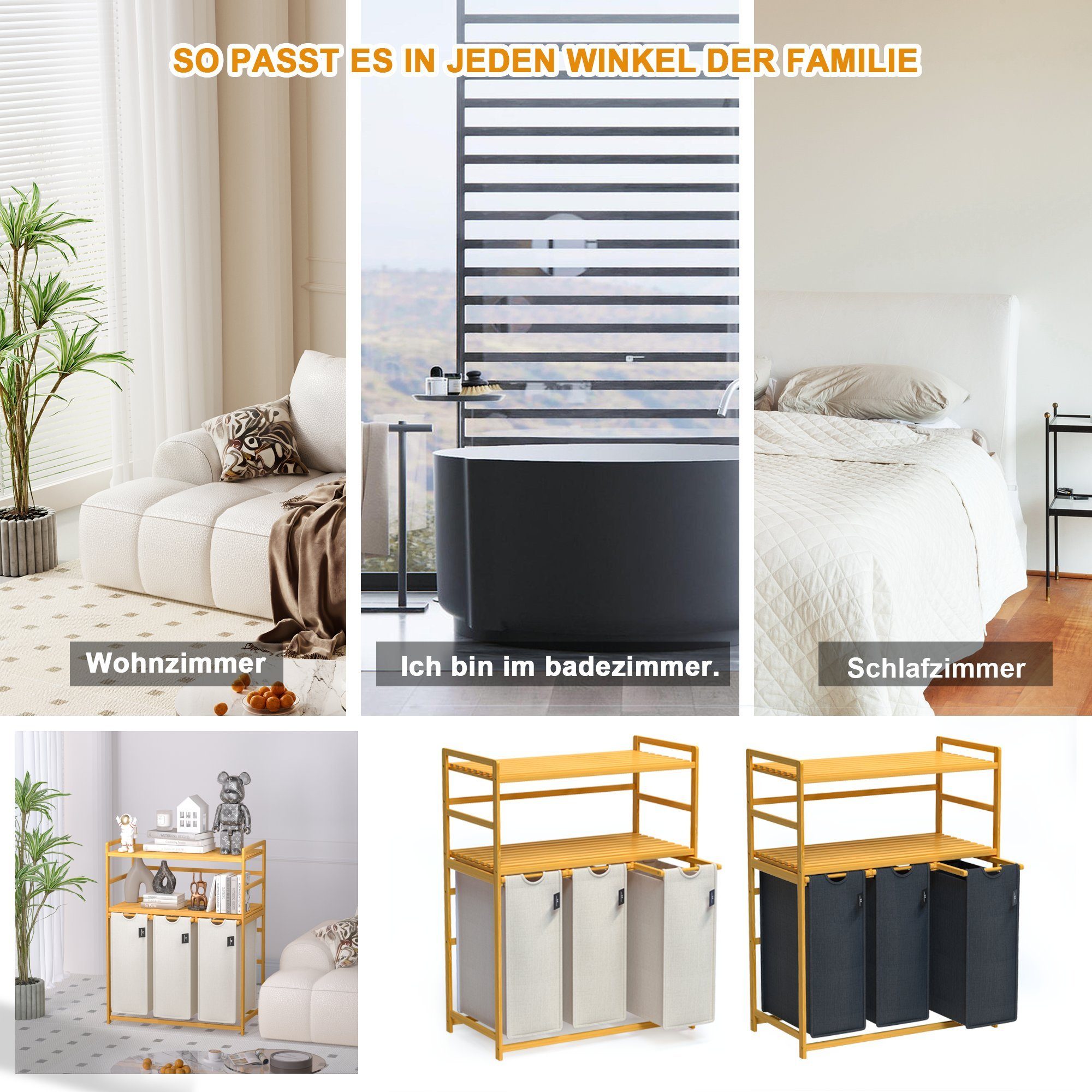 AdelDream Wäschekorb 150 l, 3 Fächer, 2 Regale Wäschesortierer