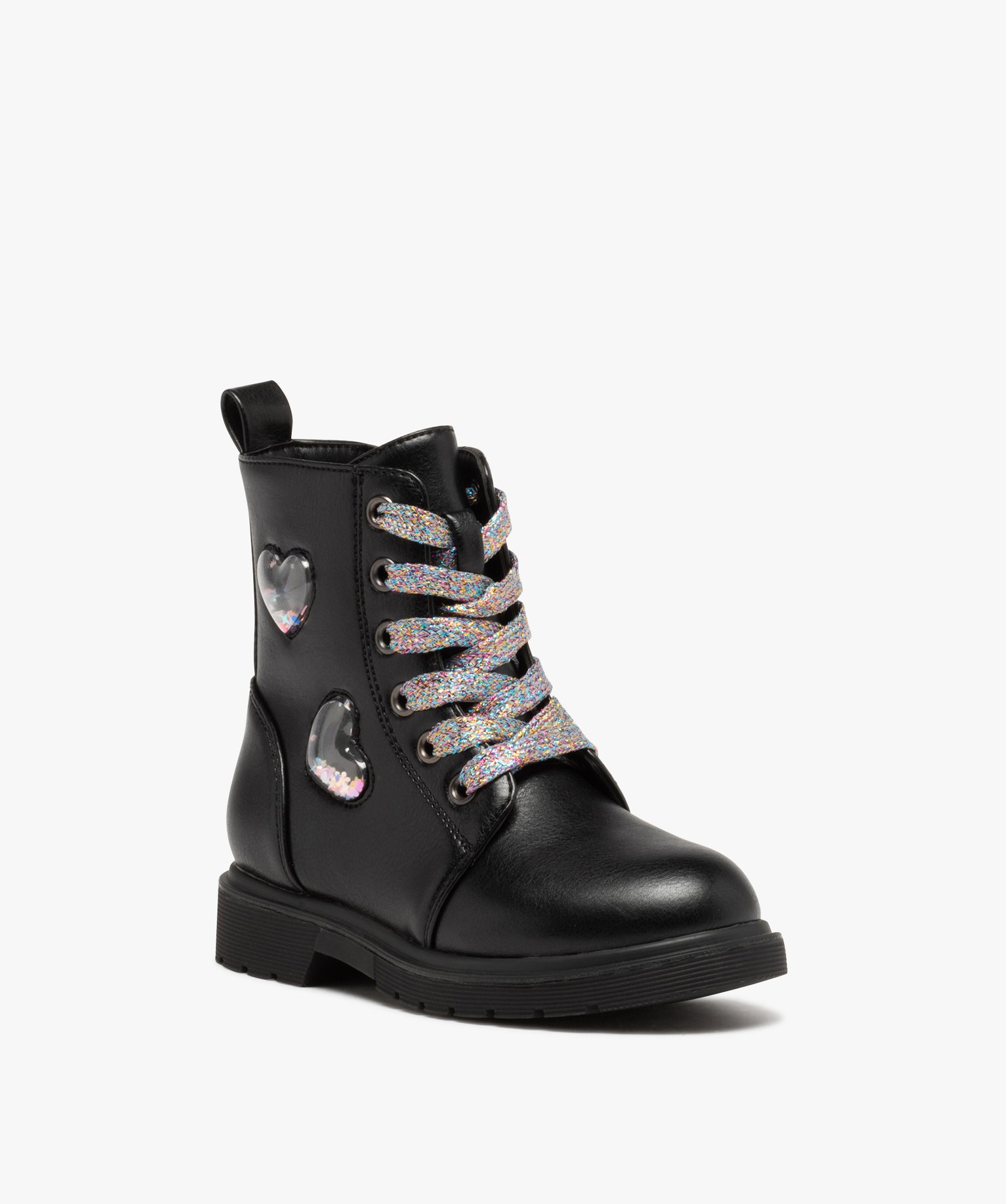 Boots fille unies à lacets multicolores avec coeurs en relief noir | GEMO