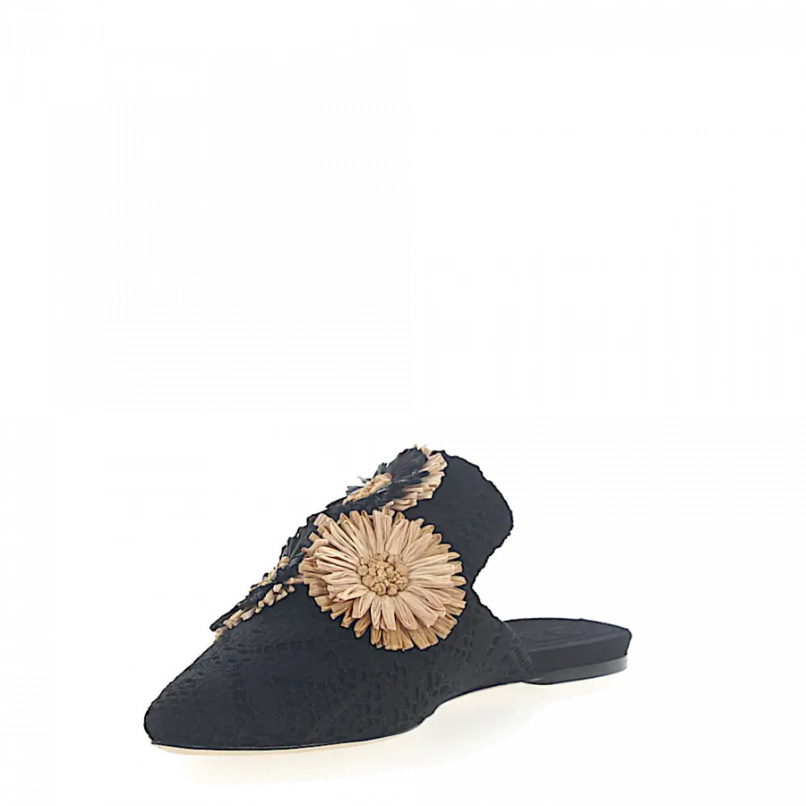 SANAYI 313 - Slipper 112884 Blumen-Deko Stickerei schwarz - schwarz