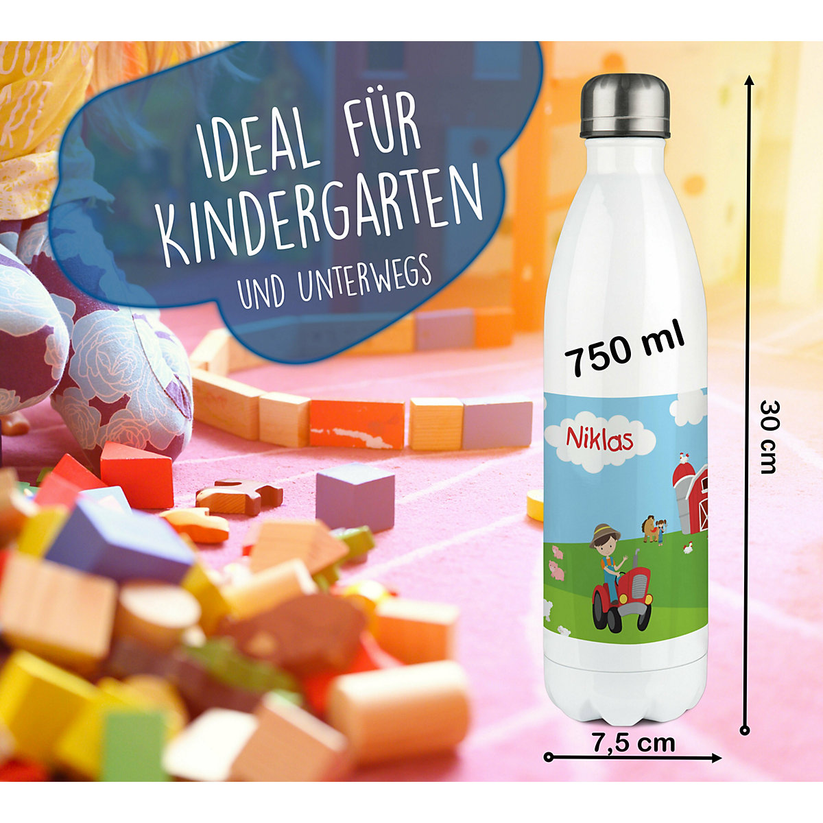 Edelstahl Kinder Thermoflasche / Trinkflasche bunt Bauernhof Spülmaschinenfest, Auslaufsicher, Bruchfest, Doppelwandig, Für Heißgetränke geeignet, Mit Deckel, Isoliert