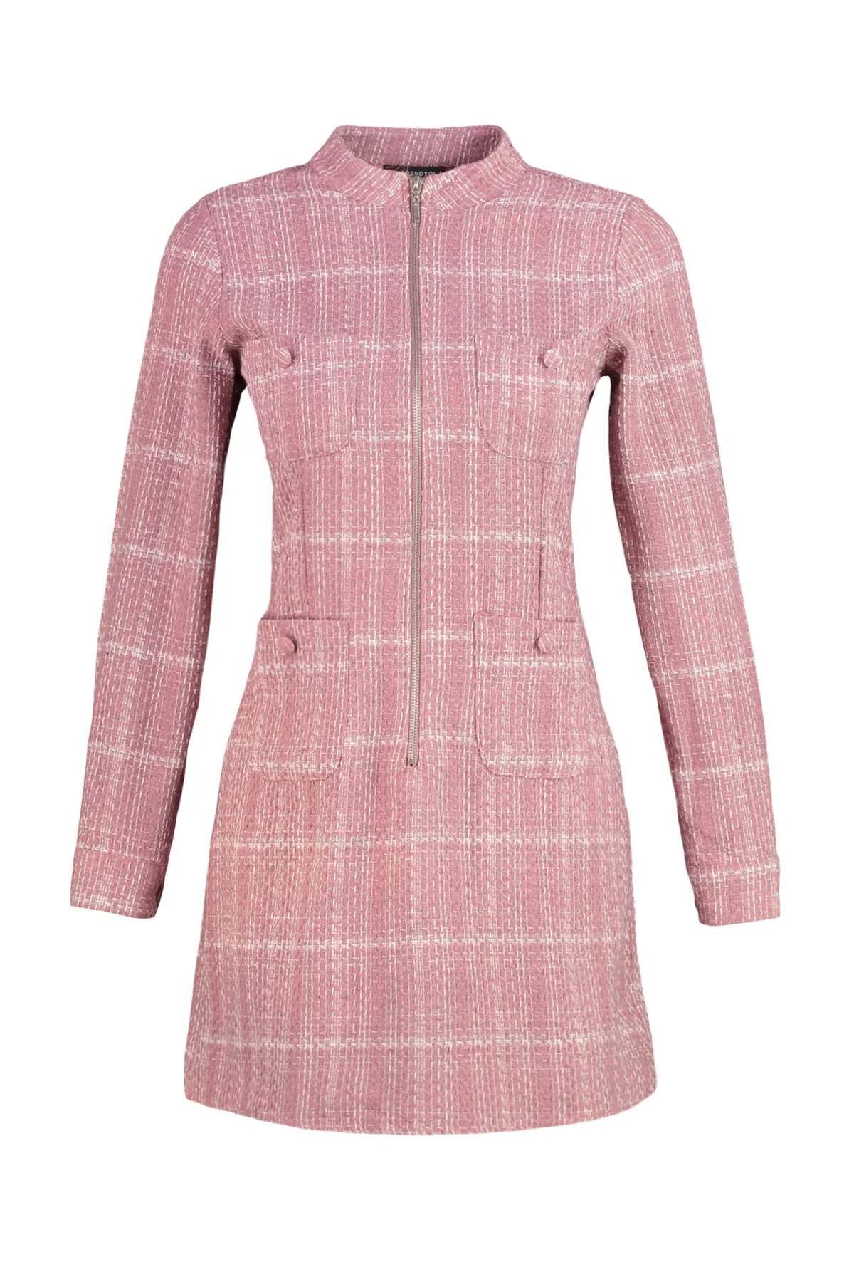 Trendyol Collection  Rosafarbenes Tweed-Webkleid mit Reißverschluss und Taschendetail TWOAW23EL00478