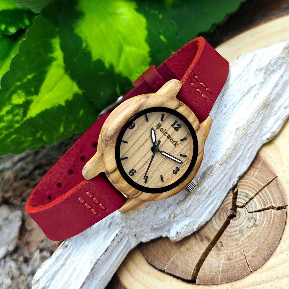 Holzwerk Quarzuhr CLARA RED kleine Kinder Holz & Leder Armband Uhr, dunkel rot, beige