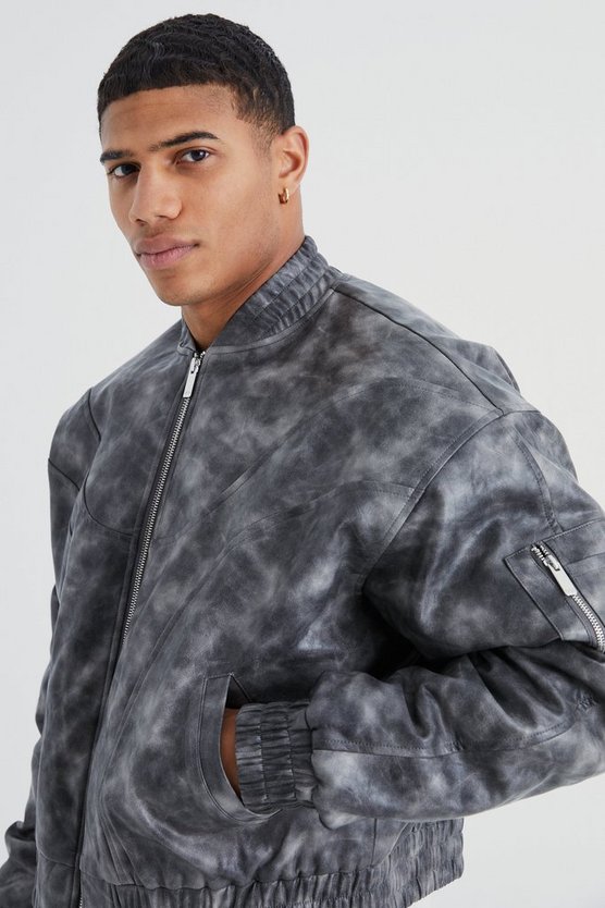 Kastige gepolsterte PU-Bomberjacke mit Naht-Detail
