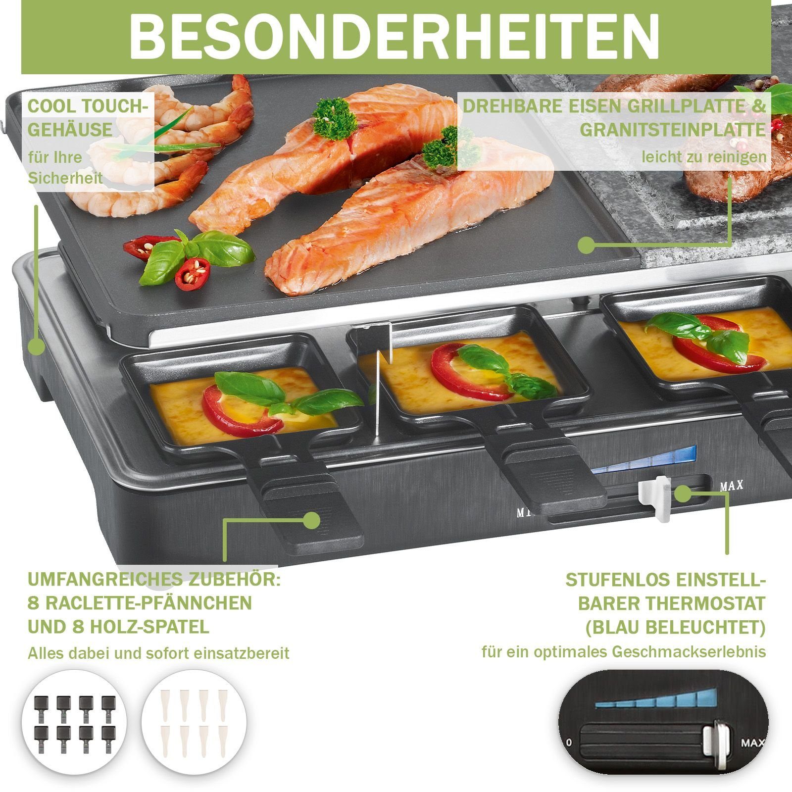 bmf-versand Raclette Raclette 8 Personen Tischgrill Elektrogrill Heißer Stein, 8 Raclettepfännchen, 1400,00 W, 2in1: Raclette, Heißer Stein und Tischgrill, Thermostat