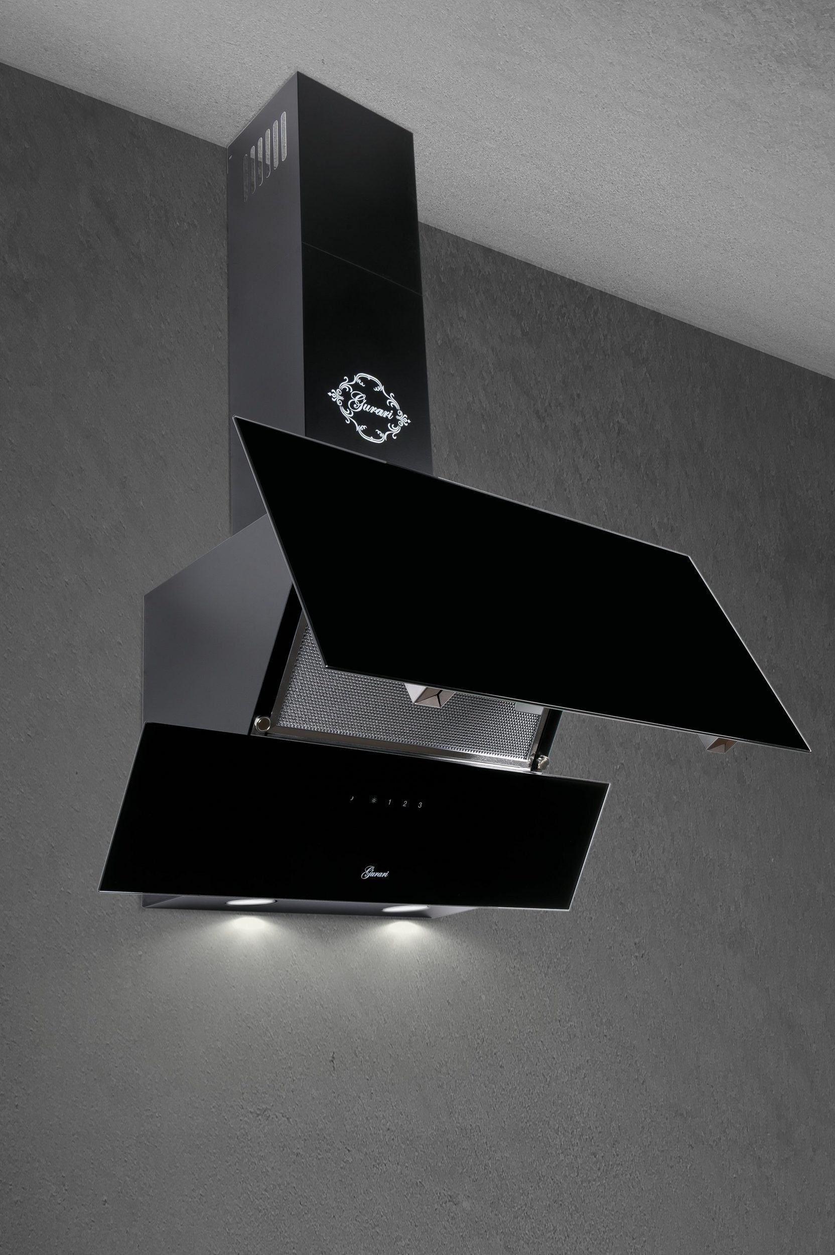 GURARI Wandhaube GCh 268 Bl 9 Prime/3.3+Abluftschlauch, Dunstabzugshaube 90 cm/ Effizient EEK A/ Schwarz Glas