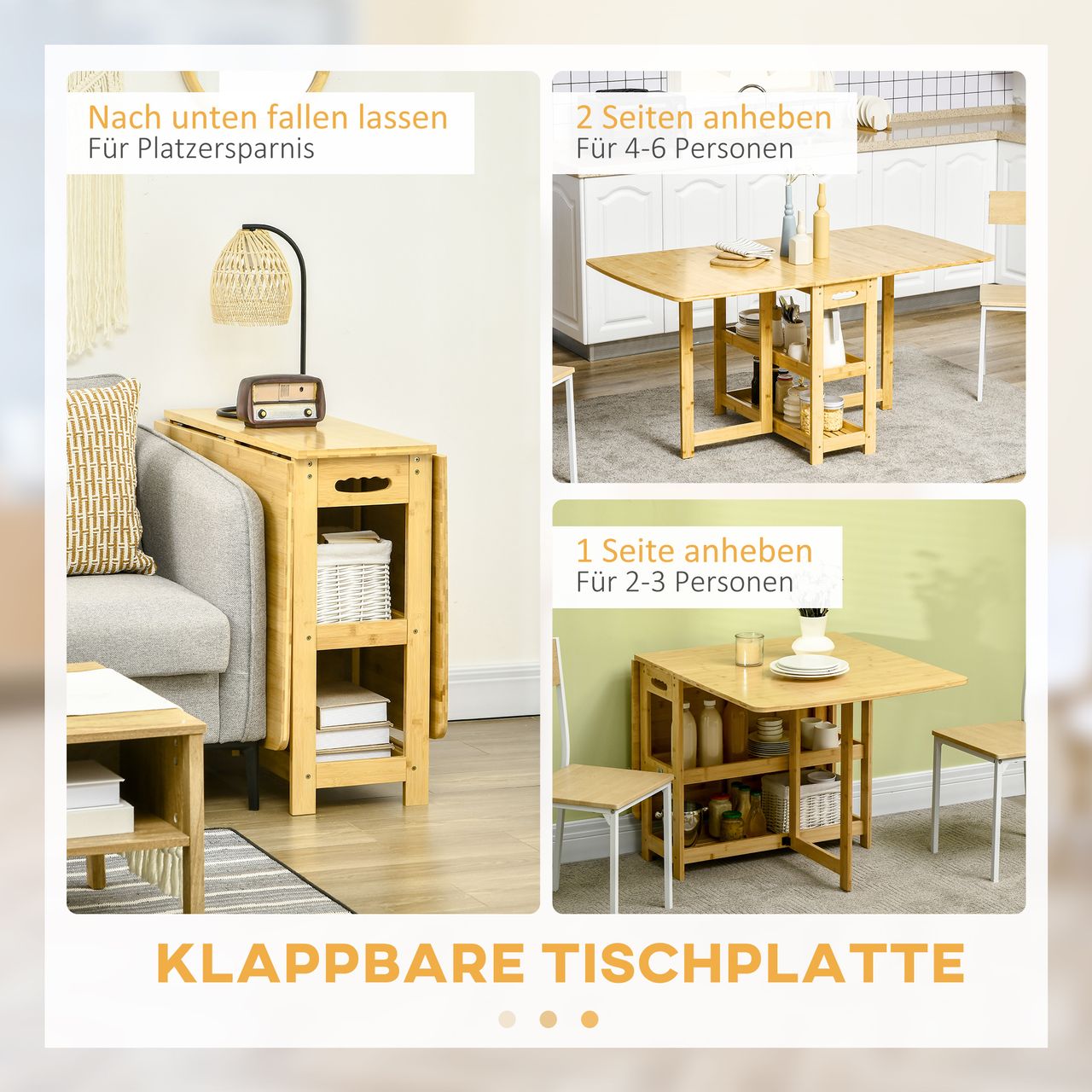 HOMCOM Esstisch Klapptisch mit Ablagefächer Esszimmertisch Küchentisch Naturholz