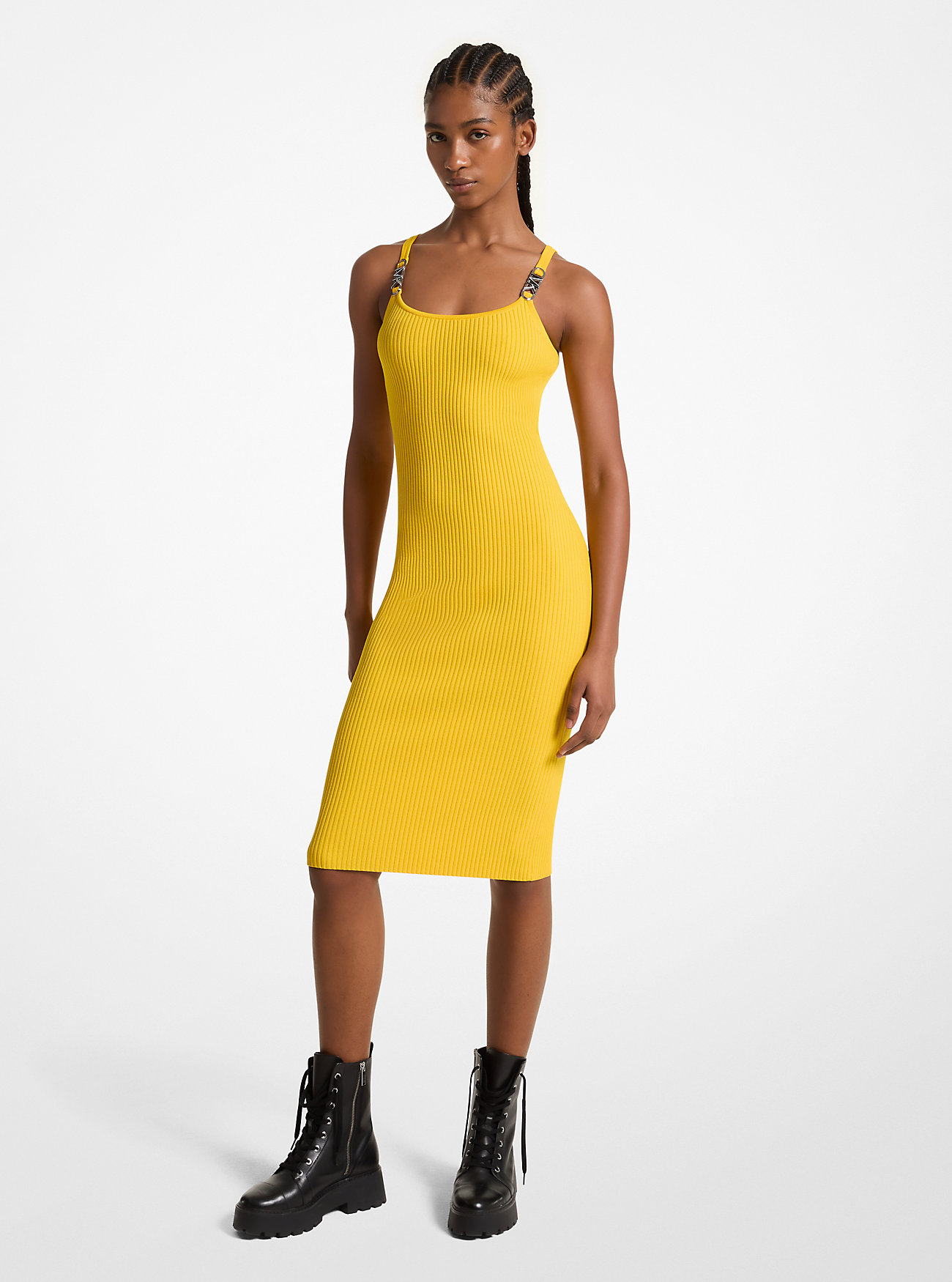 Ribbet Stretch Strikket Midi Tankkjole - BRIGHT DANDELION