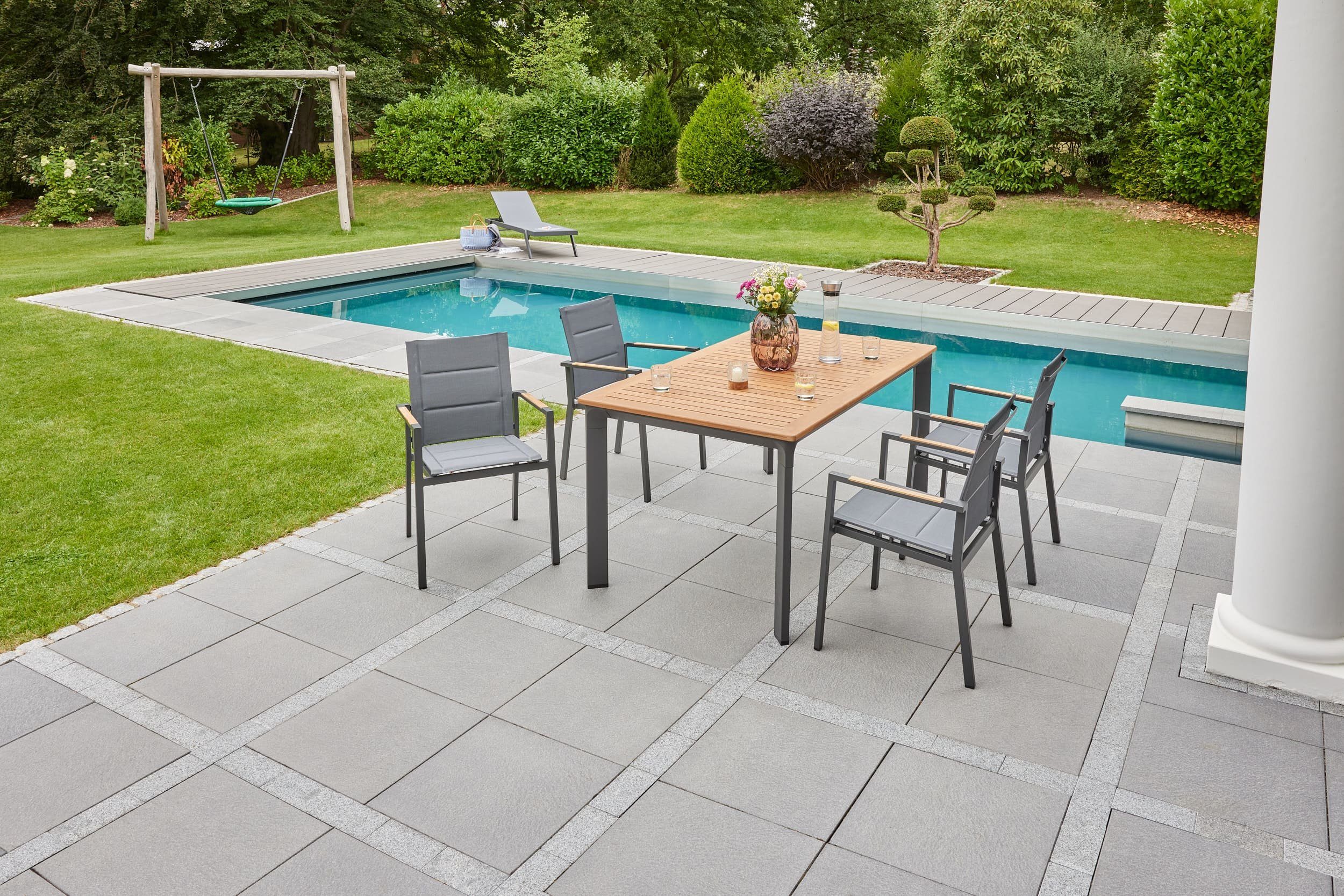 LC Garden Stapelstuhl LC Garden 8er Set Unicamo Sunnymera Stapelstuhl Textilen anthrazit Teakholz Gartenstuhl Armlehnstuhl