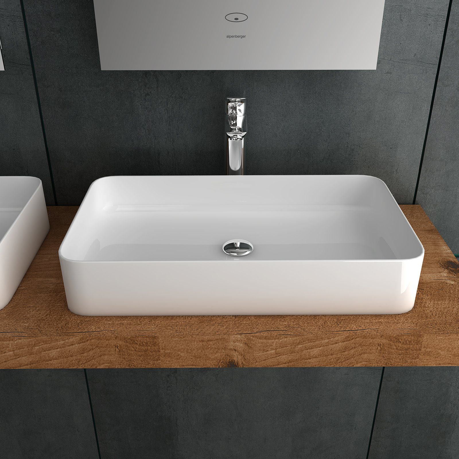 Alpenberger Aufsatzwaschbecken Keramik Waschbecken 60 cm Breit mit Nano (1-tlg., Aufsatzwaschtisch), eckiger Waschtisch mit Lotus Effekt, hygienisch und elegant
