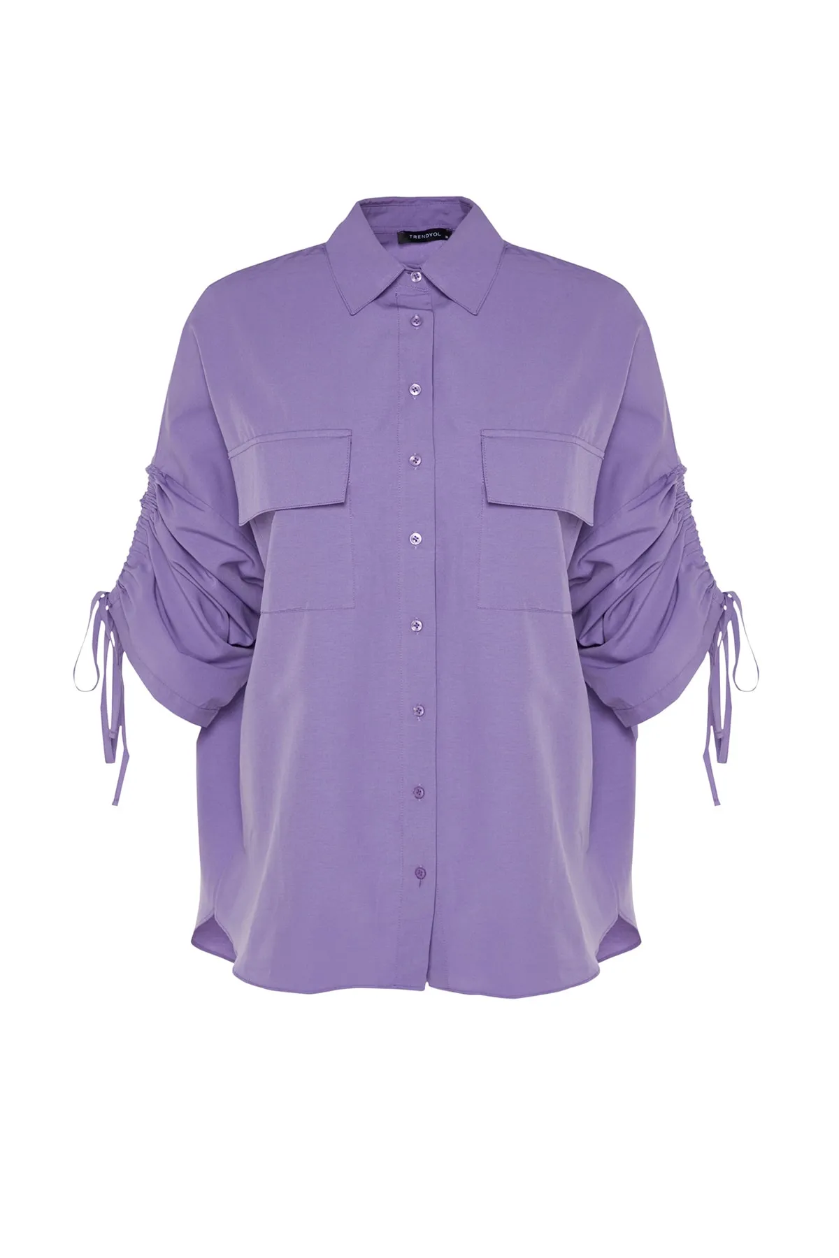 Trendyol Modest  Lila Ärmel Verstellbarer Kordelzug Detailliert Gewebtes Baumwollhemd TCTSS23TG00011