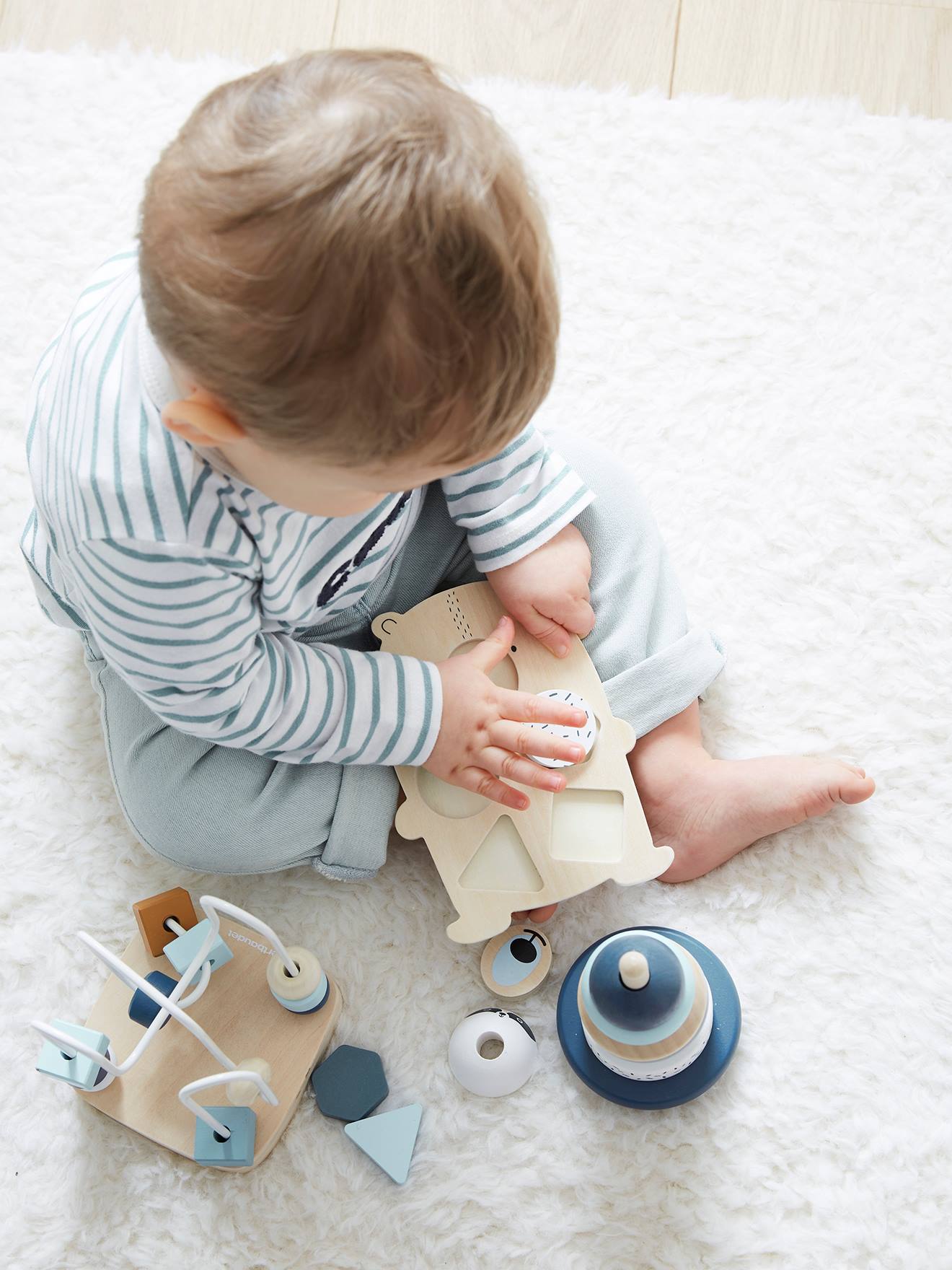 Vertbaudet 3-teiliges Baby Spielzeug-Set, Motorikspiele FSC - natur/blau