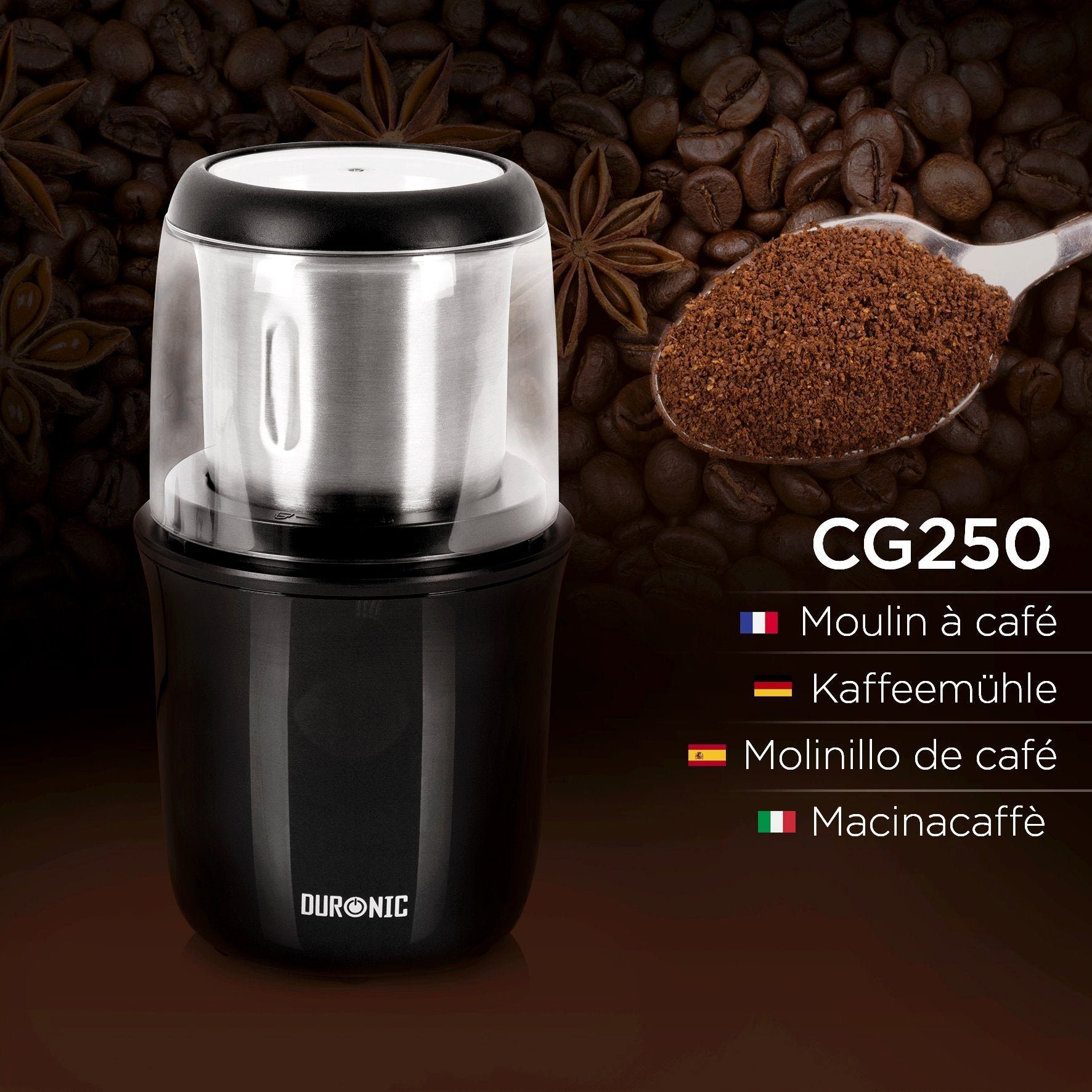 Duronic Kaffeemühle, CG250 Elektrische Propellermühle, Kaffeemühle mit 250 W, 75g Fassungsvermögen für 12 Tassen, Gewürzmühle mit Edelstahlklingen, Touch-Sensor, Für Kaffee Nüsse Gewürze Kaffeebohnen geröstet