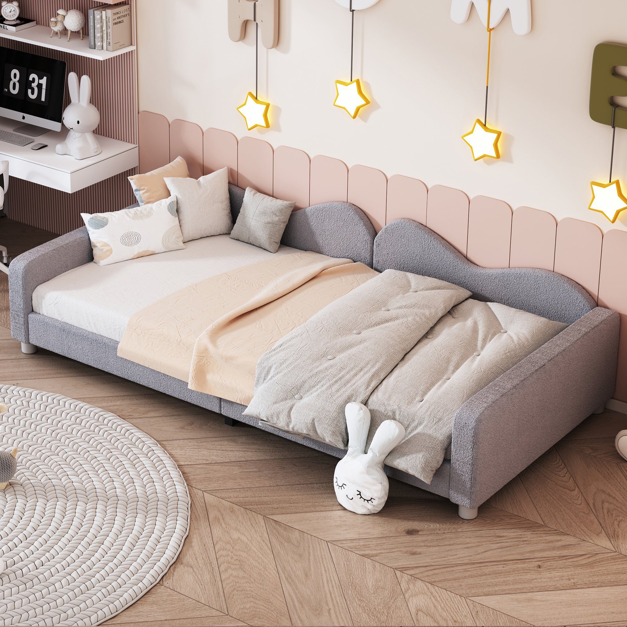 WISHDOR Kinderbett Polsterbett, Schlafsofa Gästebett, mit Rückenlehne und Armlehnen (Bettgestell Teddystoff Multifunktionales weiches Bett 90x200 cm), ohne Matratze