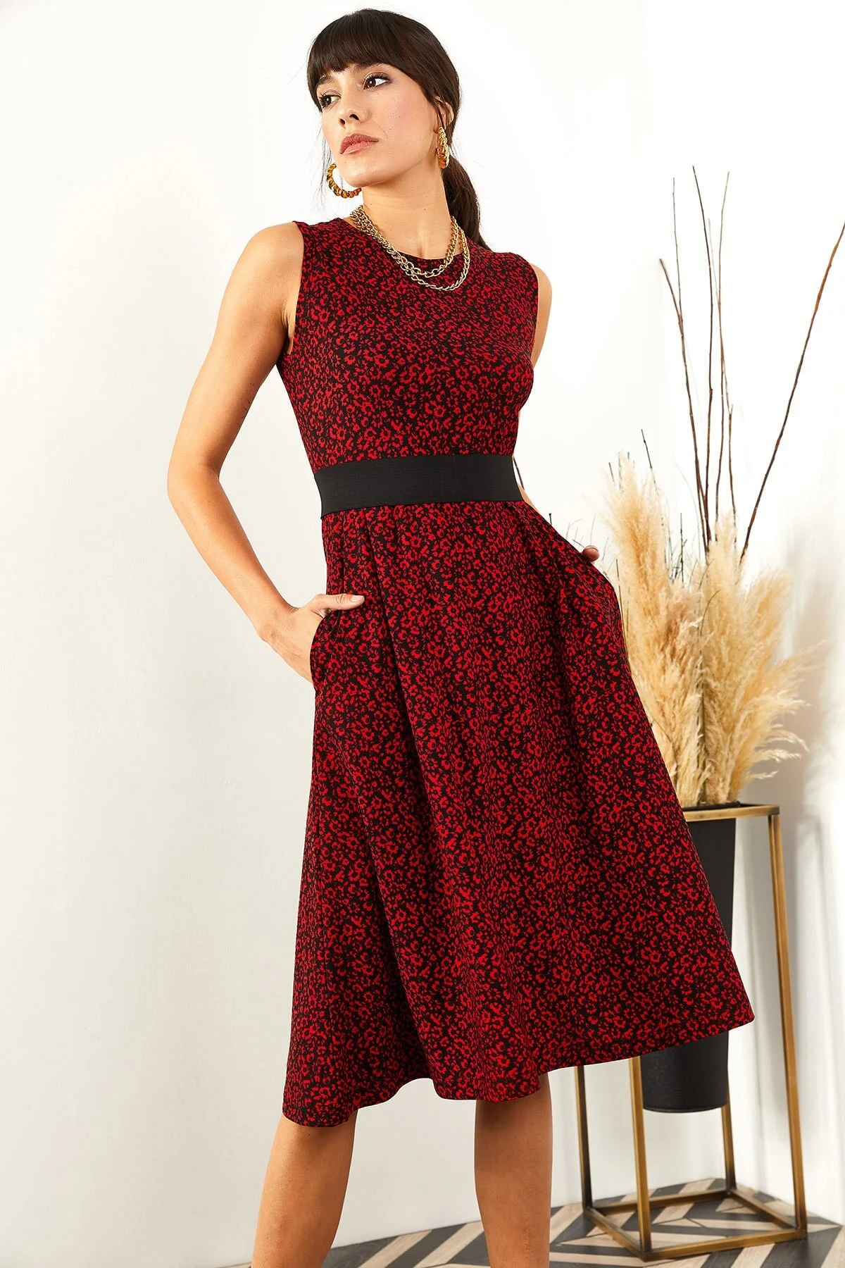 Olalook  Rotes, lockeres Kleid mit Taschen für Damen