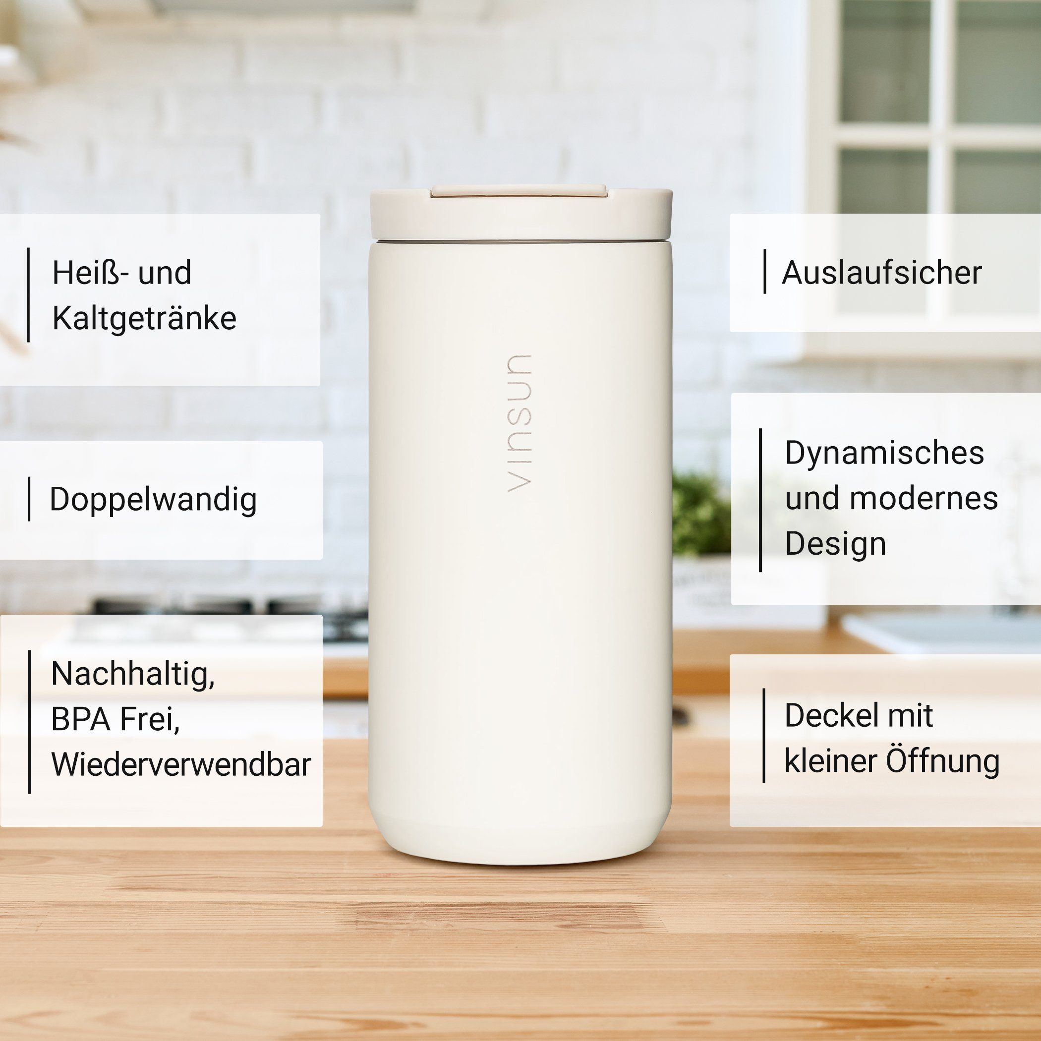 Vinsun Thermobecher Isolierbecher 380ml mit Trinköffnung - Kaffeebecher für unterwegs, Edelstahl, auslaufsicher, bruchfest, für heiße und kalte Getränke