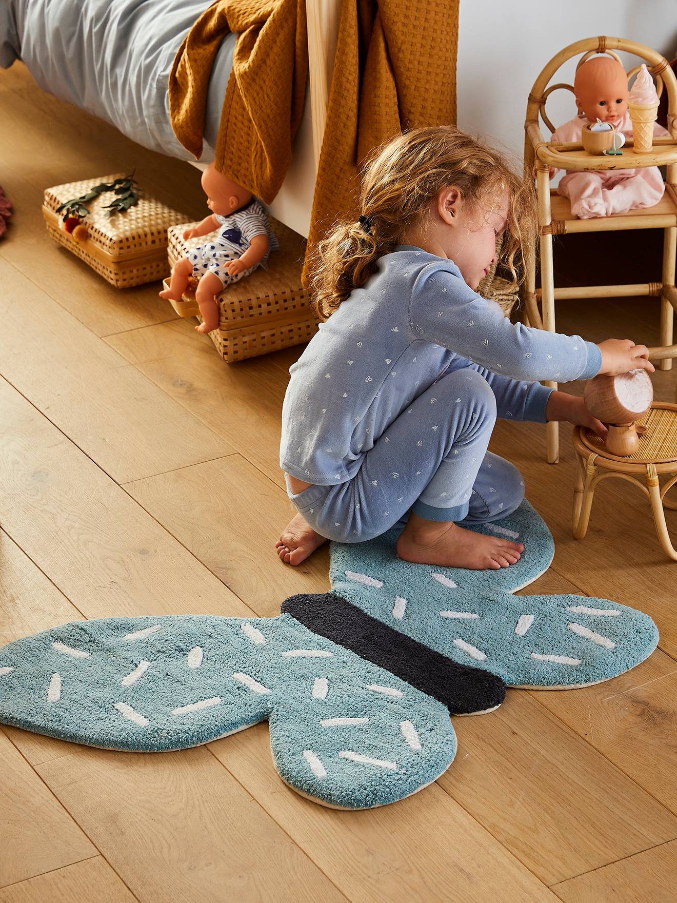 Vertbaudet Kinder Badezimmerteppich, Schmetterling - blau+weiß