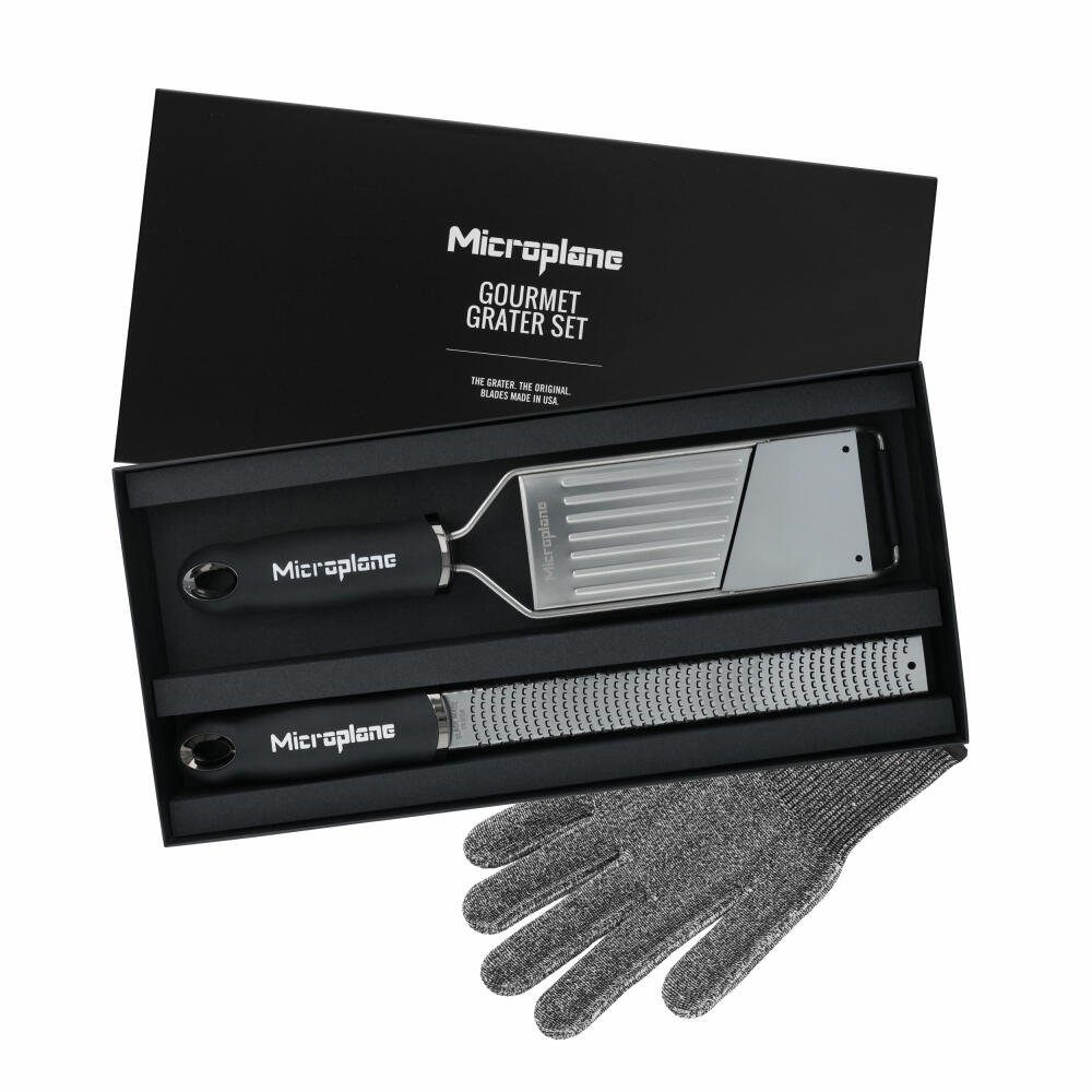 Microplane Küchenreibe Gourmet-Geschenkset 3-tlg., Edelstahl, Kunststoff, Gummi, (Set, 3-St), mit Schnittschutzhandschuh
