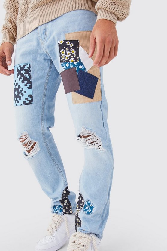 Lockere Patchwork Jeans mit Print