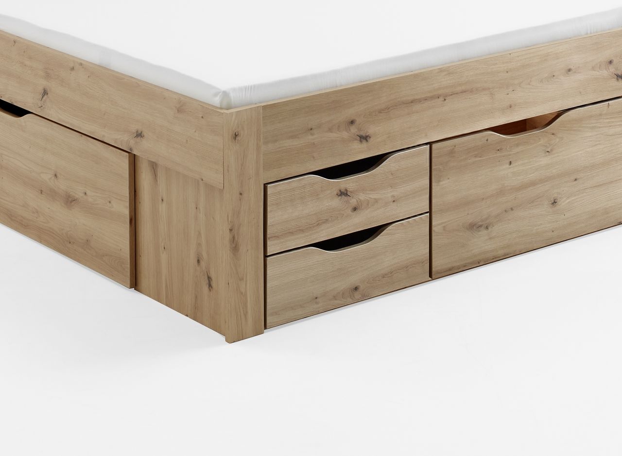 Relita Funktionsbett Maxi 140 x 200 cm, mit Rolllattenrost mit 5 Bettschubladen und Stauraum-Polster-Kopfteil Eiche Artisan Dekor