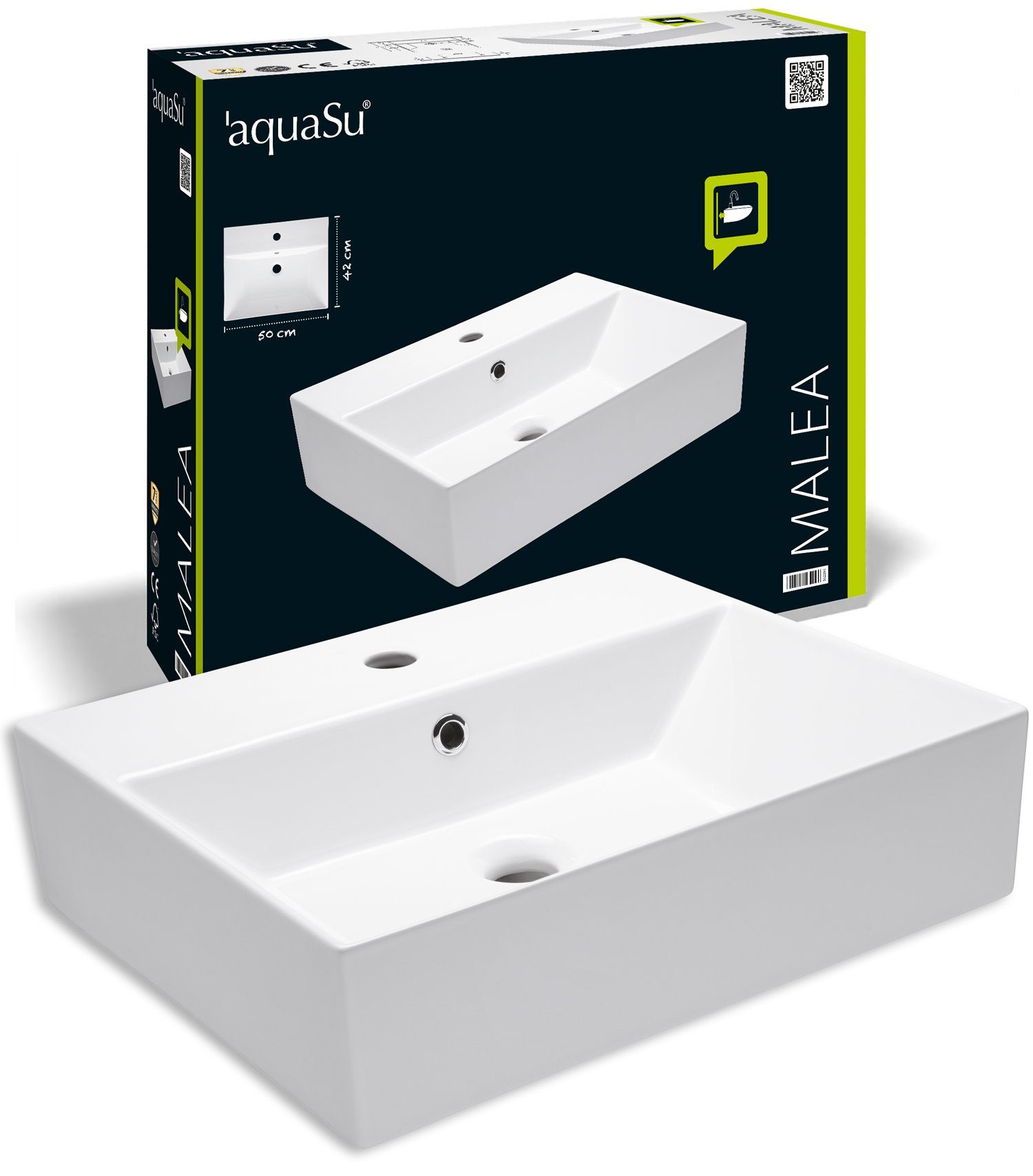 aquaSu Waschbecken Malea (Hänge-Waschtisch, 1-St), 50 cm, Keramik, Weiß, Überlauf, Hahnloch mittig, 562294