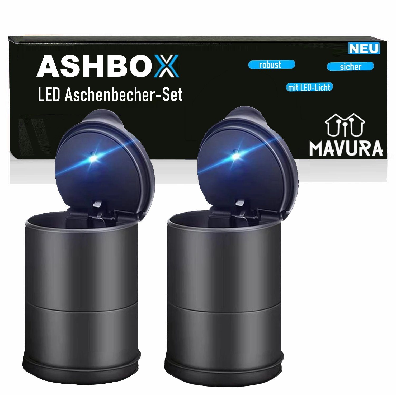 MAVURA Aschenbecher ASHBOX Auto LED Aschenbecher mit Deckel LED-Licht für Getränkehalter, Universal Selbstlöschend Sturmaschenbecher Windaschenbecher [2er Set]