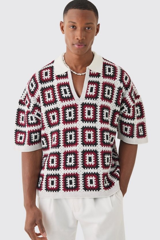 Kastiges gehäkeltes Oversize Poloshirt in Schwarz