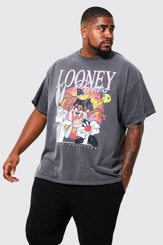 Plus T-Shirt mit Acid-Waschung und lizenziertem Looney Tunes Print