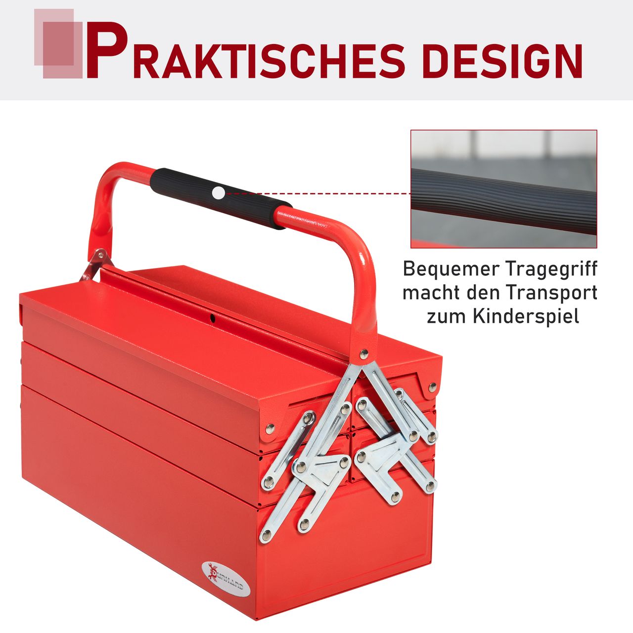 DURHAND Werkzeugkasten Werkzeugkoffer Montage Werkzeugkiste leer platzsparend mit 5 Fächer aufklappbar stabil Stahl (SPCC) Rot 45 x 22,5 x 34,5 cm