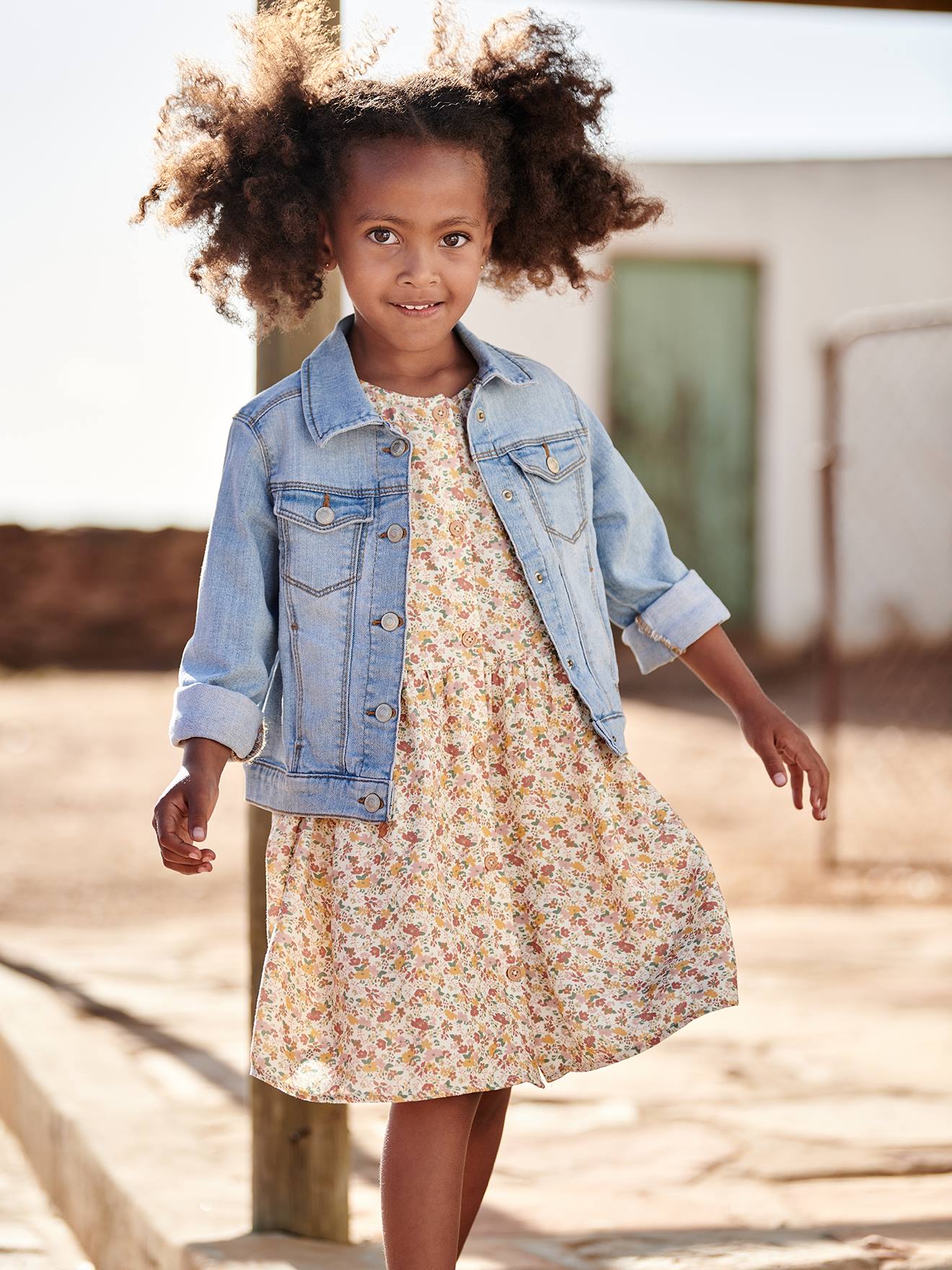 Robe boutonnée à fleurs fille beige imprimé