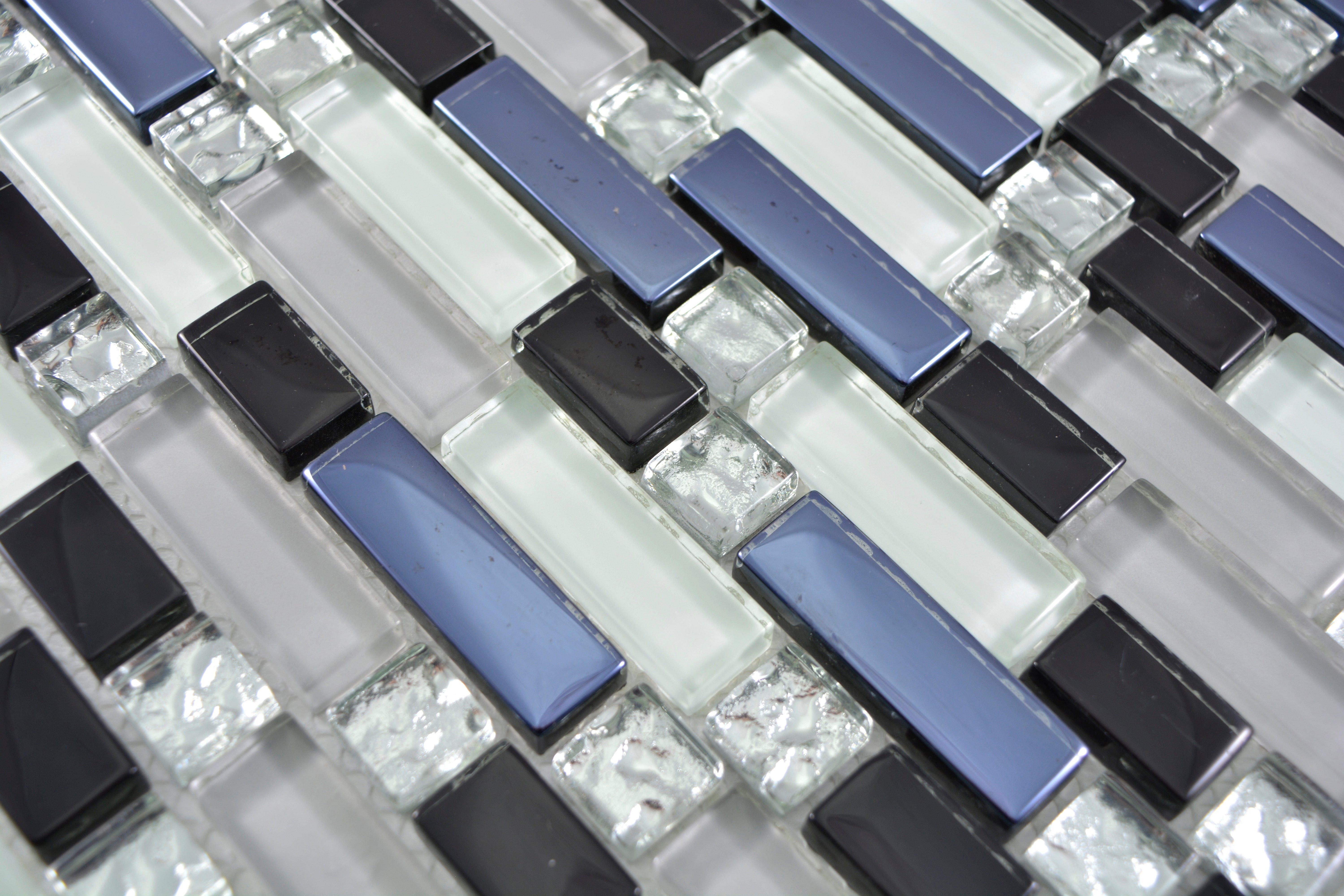 Mosani Mosaikfliesen Glasmosaik Crystal Mosaik weiß grau schwarz glänzend / 10 Matten