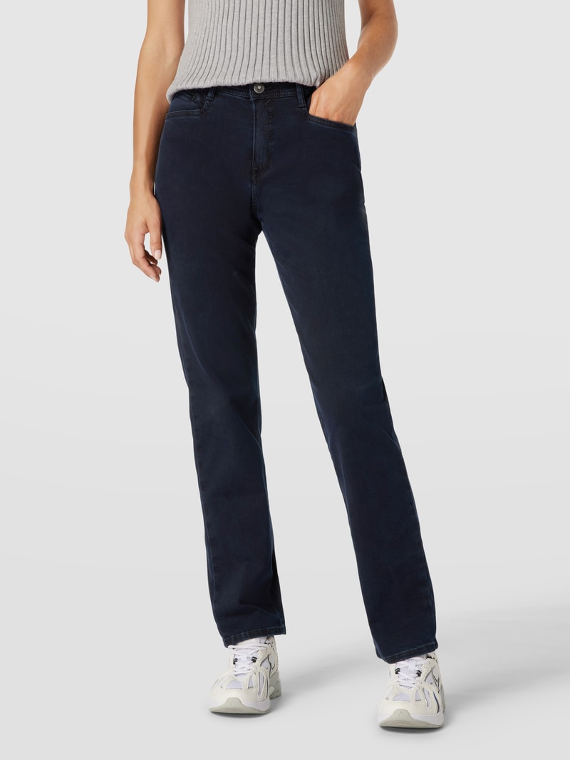 Jeans mit Label-Patch aus Leder Modell 'Carola' in dunkelblau