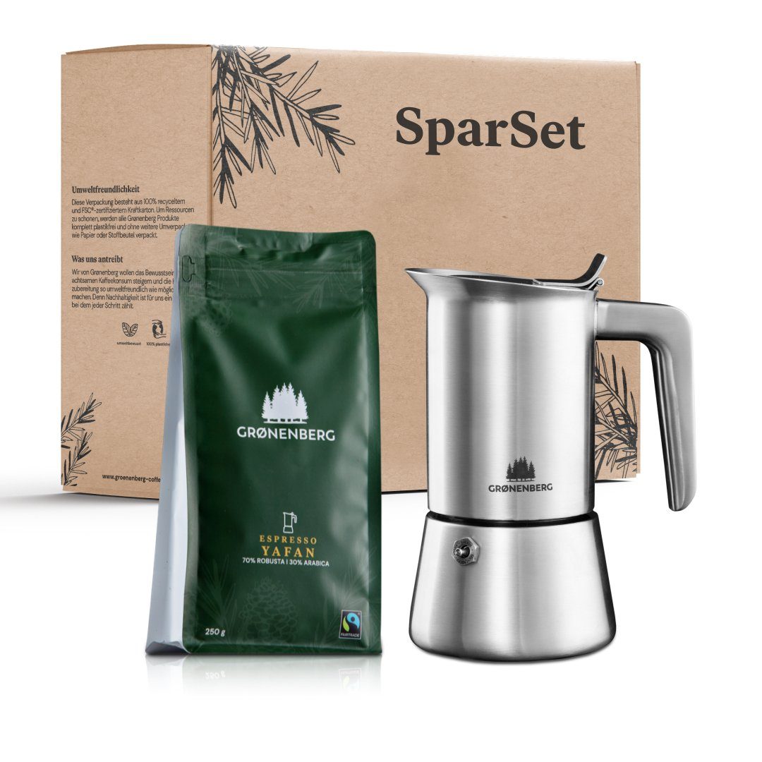 GRØNENBERG Espressokocher Spar Set 2.1: Bio Espressobohnen 250g + Espressokocher (2, 4, 6 Cup), Induktion geeignet & Inkl. Ersatz Dichtung