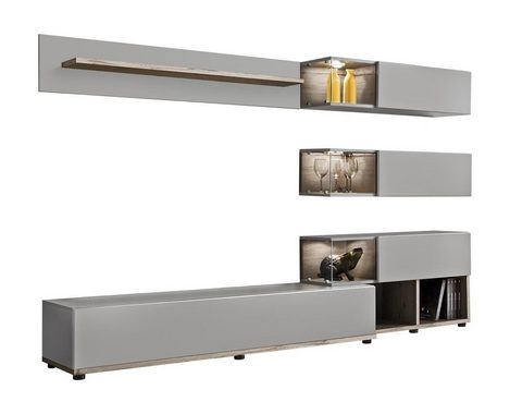 JVmoebel Wohnzimmer-Set Grau Möbel Holz rtv TV-Ständer Moderne Design Einrichtung, (6-St., TV-Ständer/3x Wandregale/Wandregal/Regal), Made in Europa