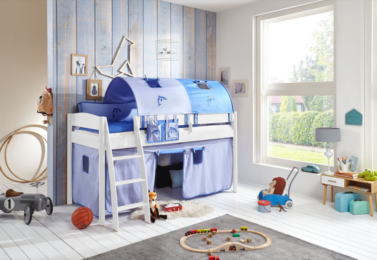 Relita Halbhohes Bett MICHELLE 90x200 cm Buche massiv weiß lackiert, mit Textilset Vorhang, 2-Tunnel, Tasche blau/delfin
