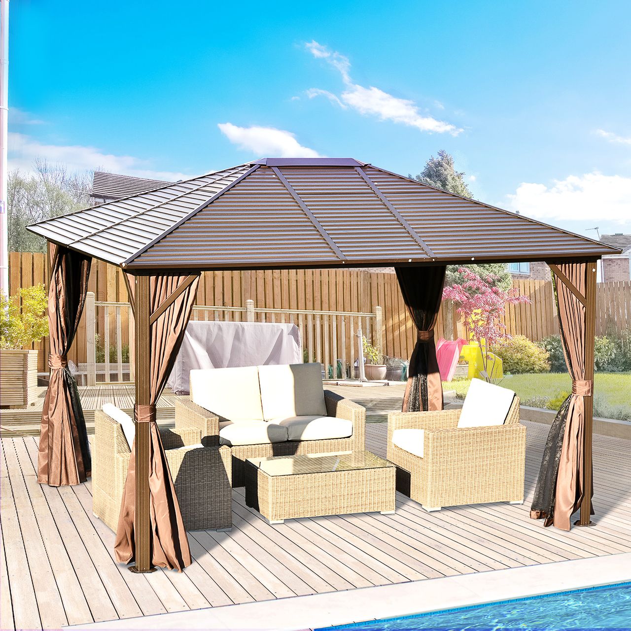 Outsunny Gartenpavillon Pavillon 300L x 365B x 262H cm Gartenzelt Festzelt Partyzelt mit 4 x Doppel-Seitenteilw wetterfest Aluminium Polyester Bronze